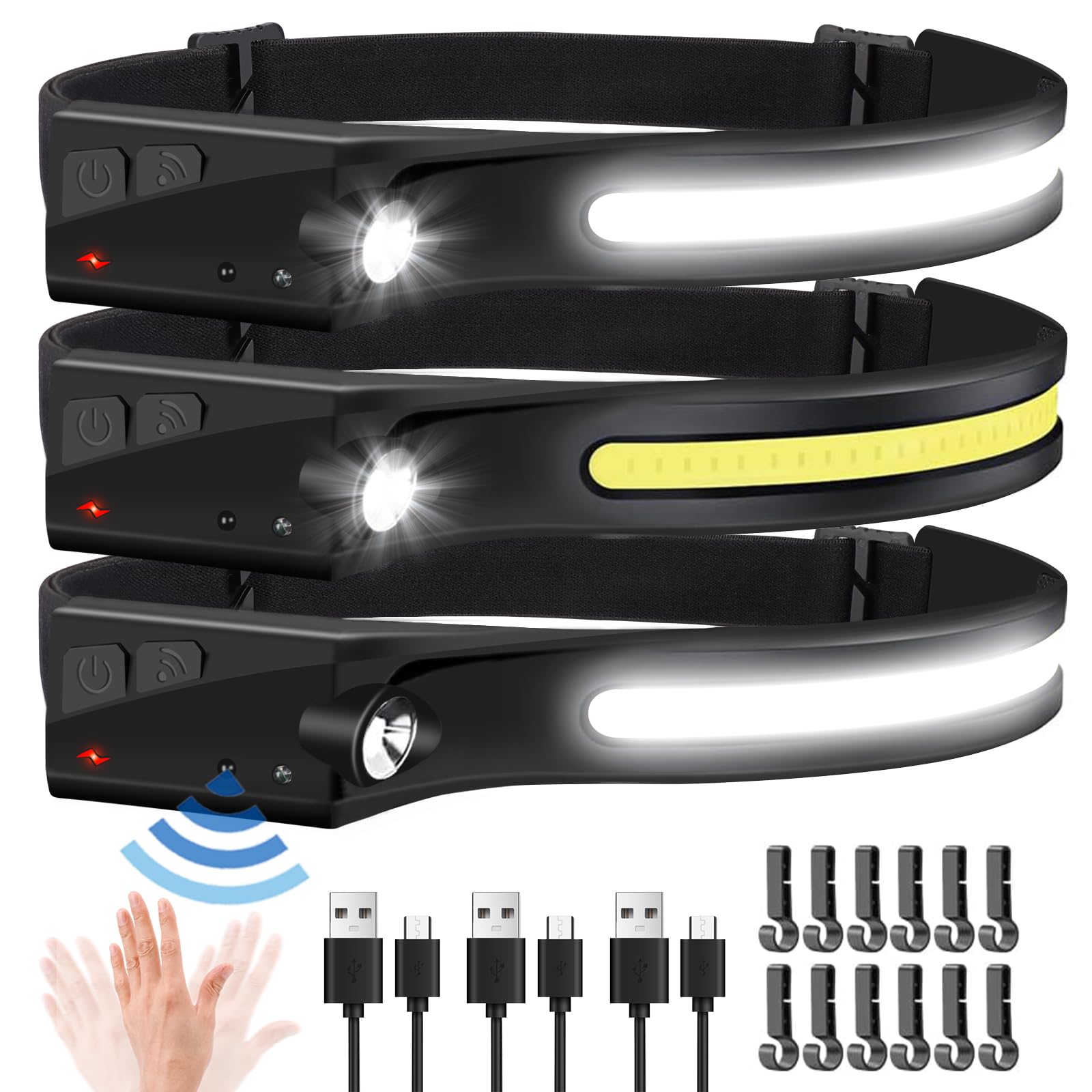 Headlamp Flashlight, 3Pack Rechargeable Led Headlamps 1200Lumens 2 Cob 230Wide Beam Headlight With Motion Sensor Bright 5 Modes 