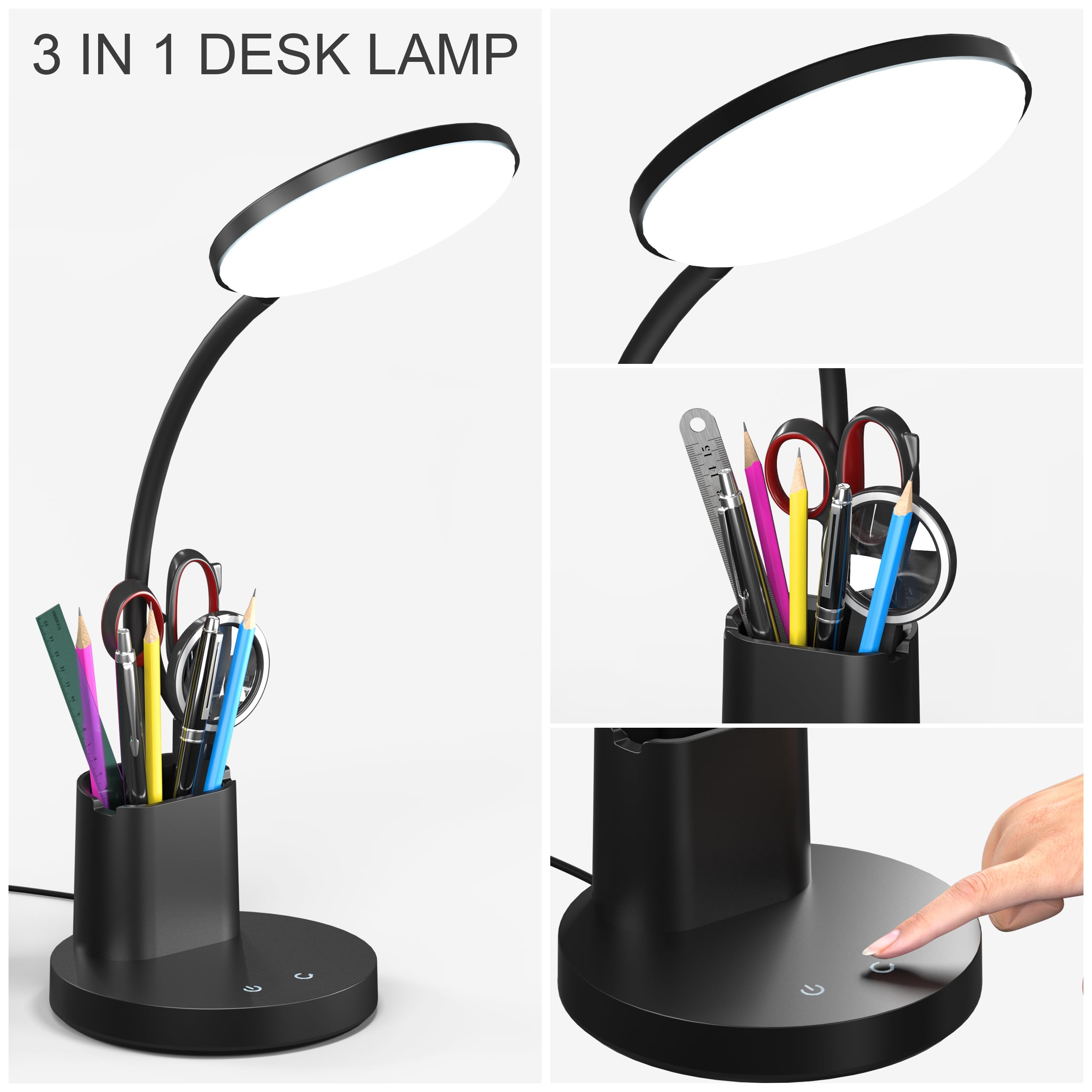 Vicsoon LED Desk Lamp with 3 Color Modes, 360° Adjustable Arm, Dimmable Light, Black, Model HM-TD-8W-001
