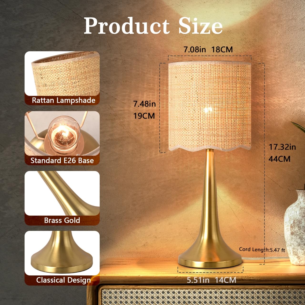 Gold Rattan Small Cute Table Lamp For Bedroom, Brass Gold Bedroom Lamps For Bedside Nightstand, Small Rattan Shade Table Shape L