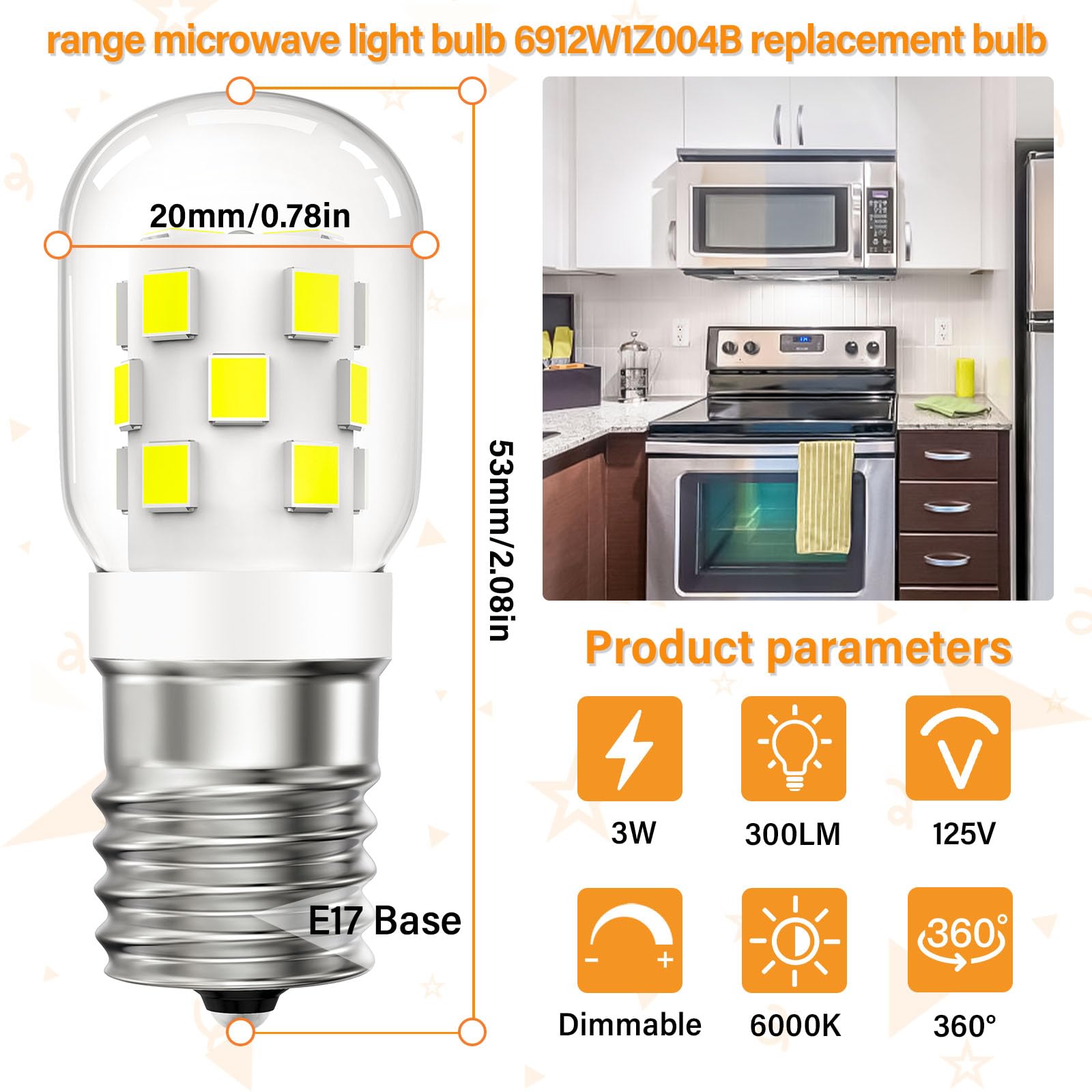 DUMILOO LED Microwave Light Bulbs, 30W Equivalent, Dimmable Daylight White 6000K, E17 Base, 2 Pack, for LG Frigidaire Kenmore