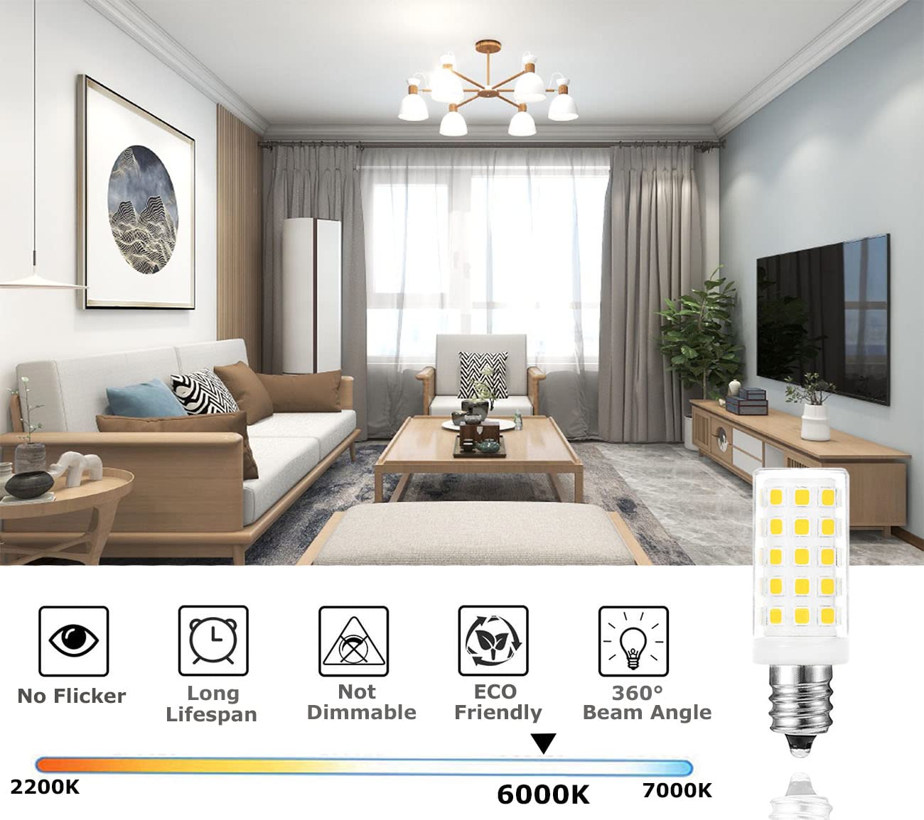 Greeogin C7 E12 Candelabra Led Light Bulbs 5W, Replace E12 50 Watt Halogen Equivalent, Daylight 6000K, E12 Led Bulbs For Ceiling