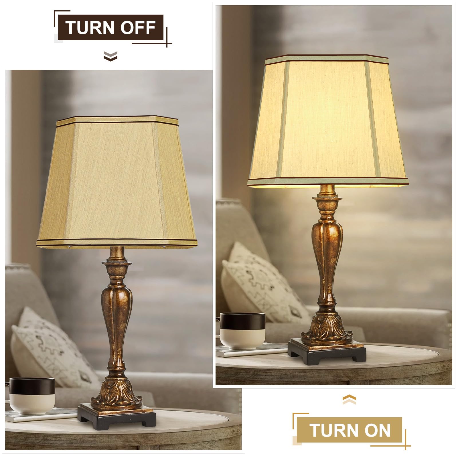 Seaside Village Rectangle Cut Corner Lamp Shades Set of 2, 10.5inx10inx13in, Gold Linen with Brown Rim, Model FXDZ-2P-Gold