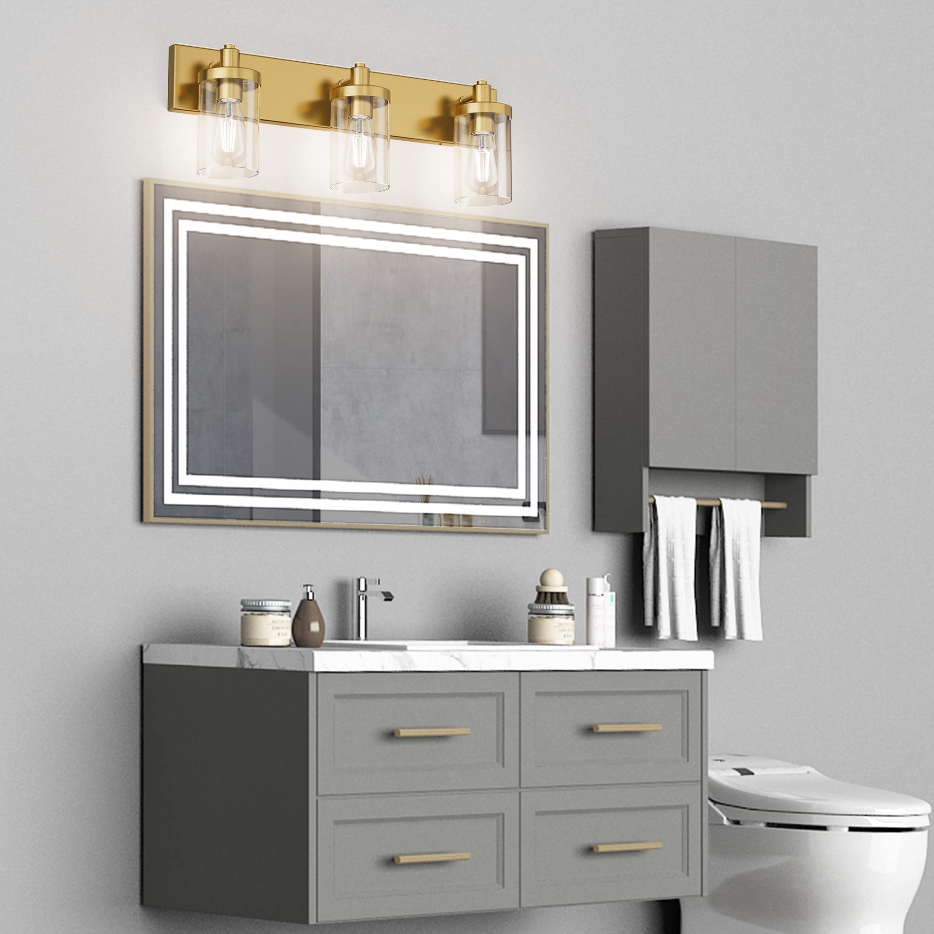 Aipsun Gold Vanity Light 3-Light Aluminum Bathroom Lighting Fixture GW-1136 with Clear Glass Shade