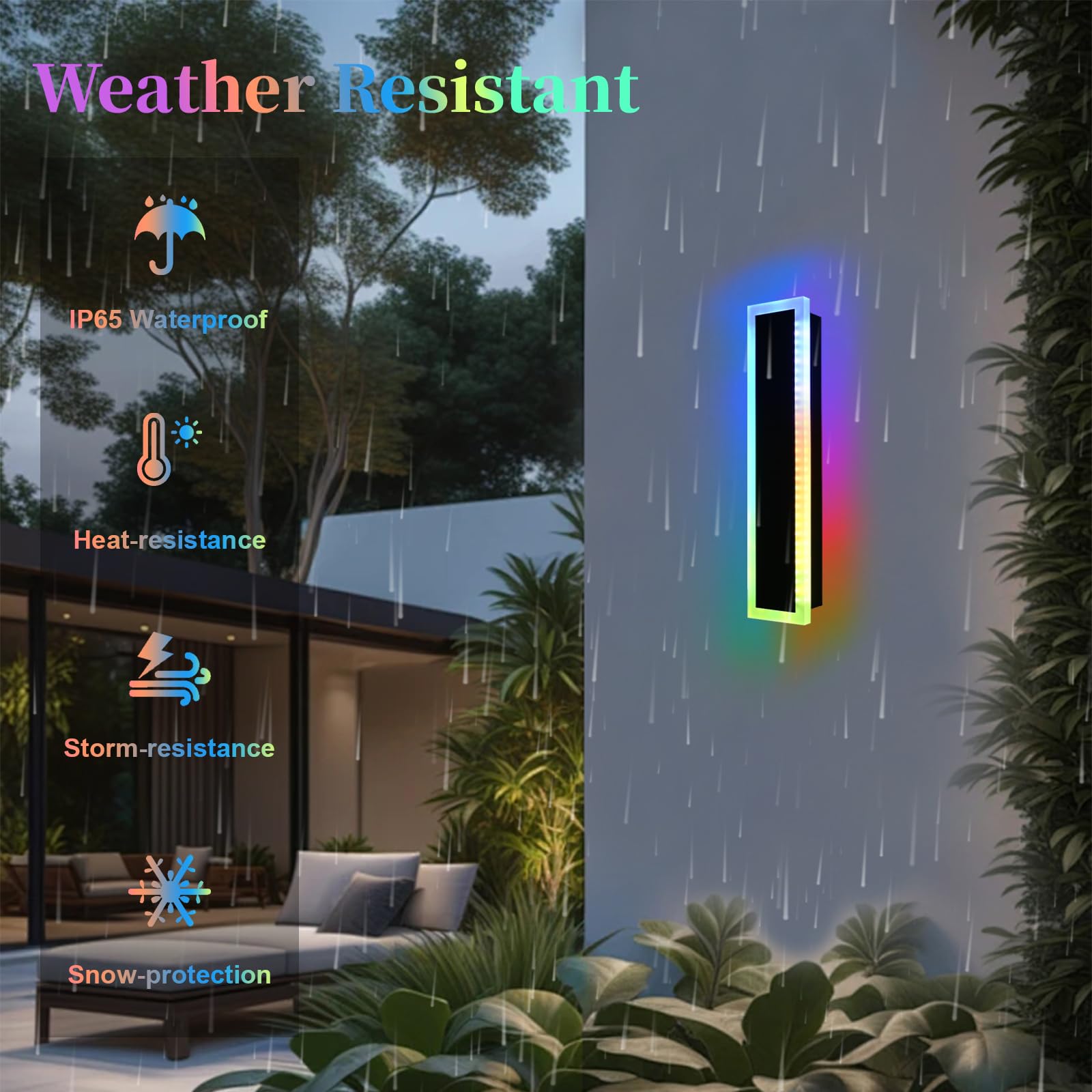 QueeuQ RGB LED Outdoor Wall Lights, 24" Dimmable Metal Fixture, 2 Pack, Modern Design for Patio, Porch, Garage