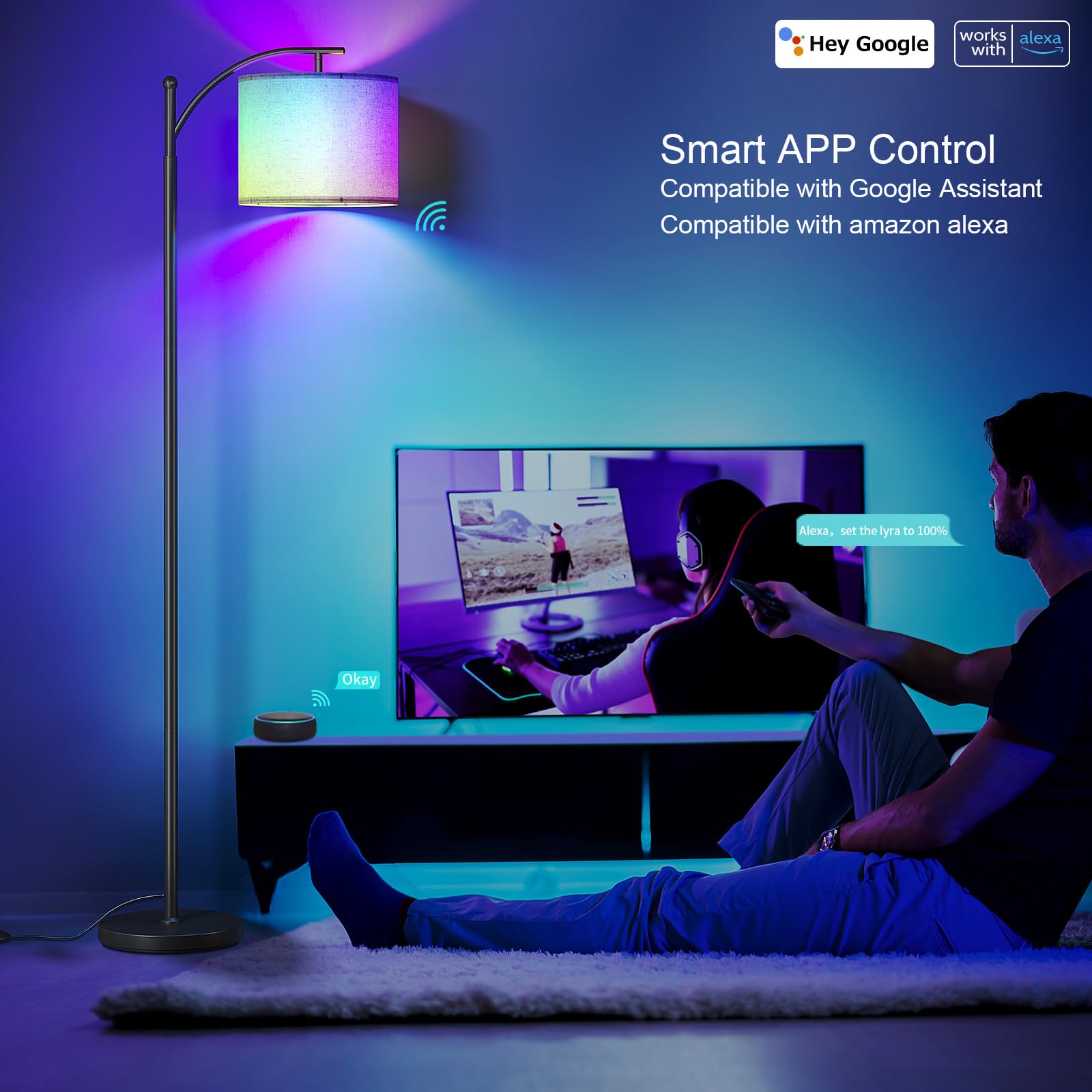 Sunmory Arc Floor Lamp, Smart App Remote Control Standing Floor Lamp With Rgb Bulb, Tall Lamp With Hanging Lampshade, Dimmable F