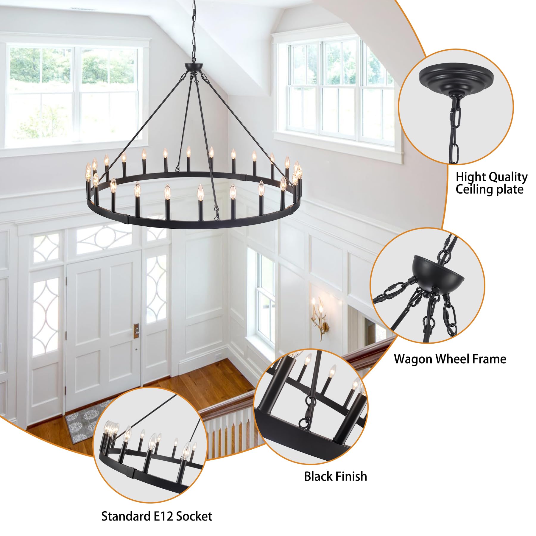 Rviezza 24-Light Black Wagon Wheel Chandelier, 48" Extra Large for High Ceilings, Matte Black, Ideal for Dining Room and Foyer
