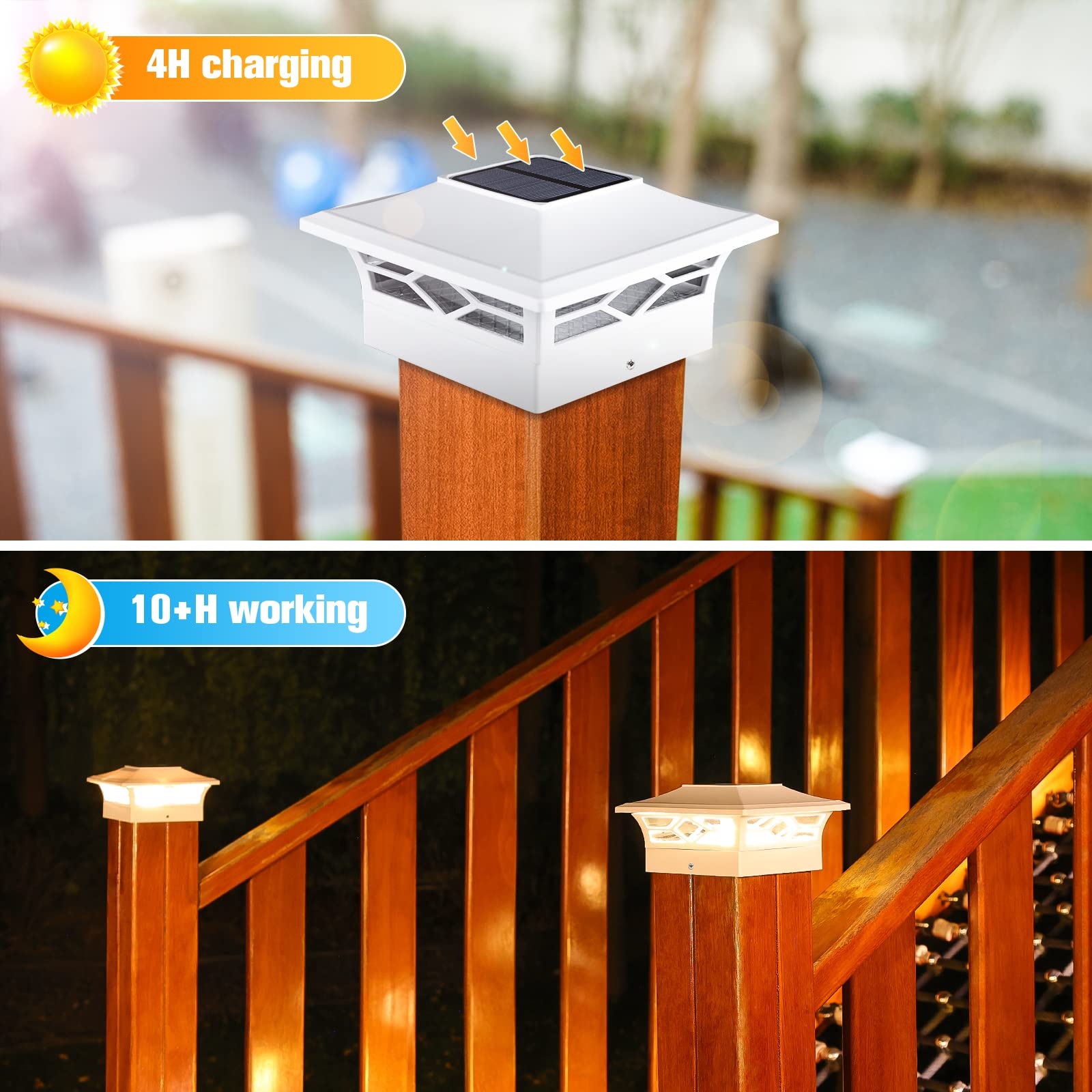 VOLISUN Solar Post Cap Lights: 2 - Pack Outdoor Deck Post Cap Lights White for Dock Fence Waterproof 2 Color Modes,4x4/6x6 Woode
