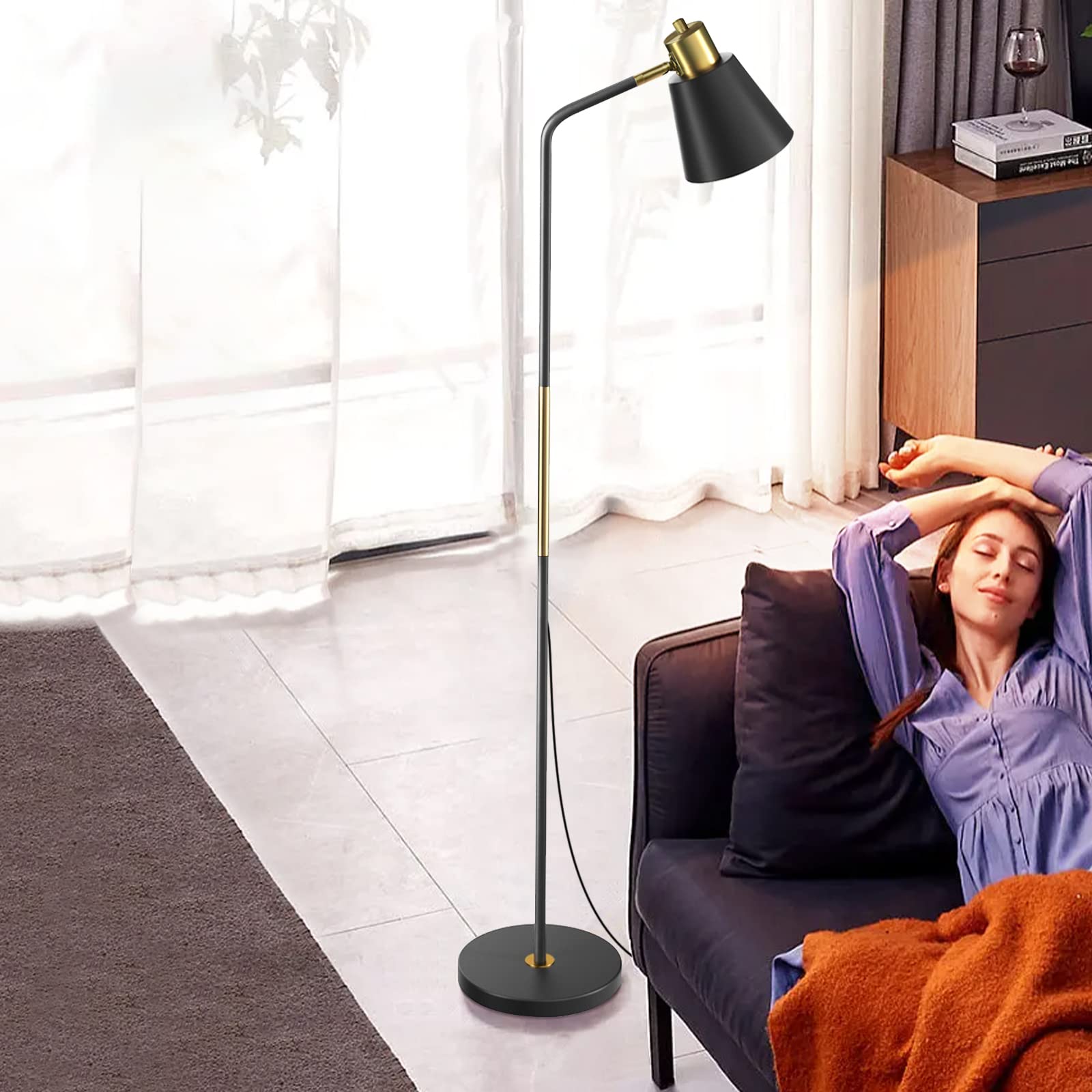 Industrial Floor Lamps For Living Rooms & Bedrooms - Rustic Farmhouse Reading Lamp - Standing, Adjustable Metal Heads Indoor Tas