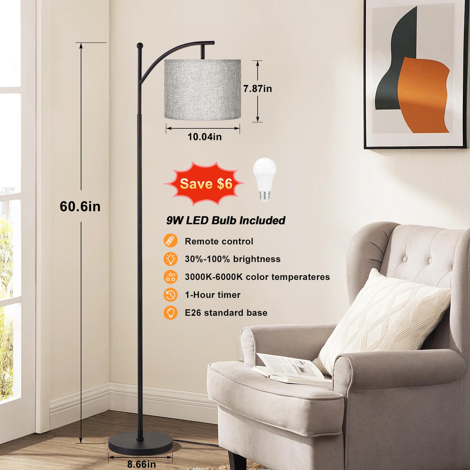 60'' Floor Lamps With Remote Control & Bulb, Colors Temperature & Brightness Adjustable, Gray Shade & Black Pole