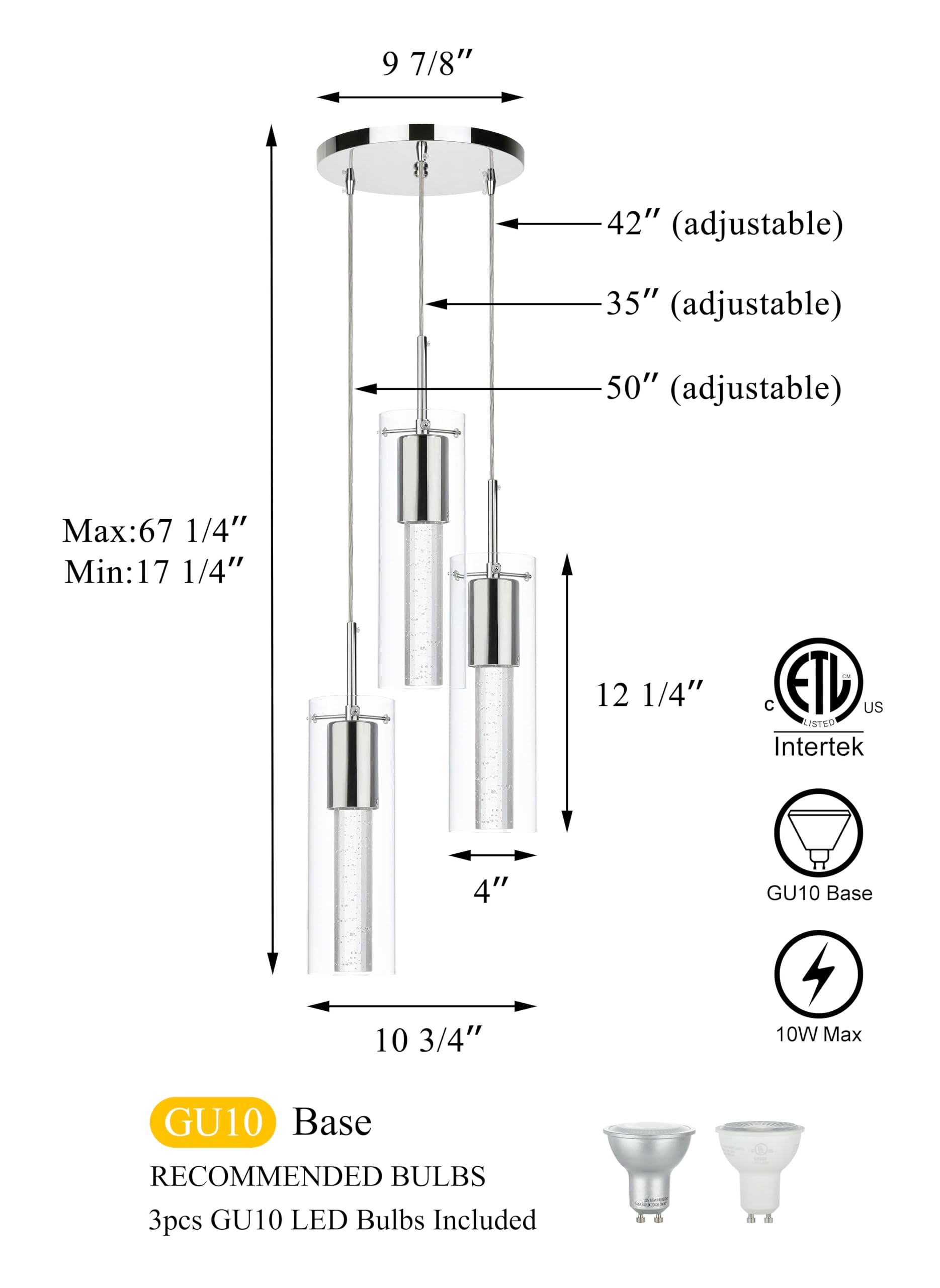 XiNBEi Lighting Pendant Light - 3-Light Kitchen Island Fixture, Chrome Finish, Large Size, Model XB-P1110-3-CH, Crystal & LED Bulb