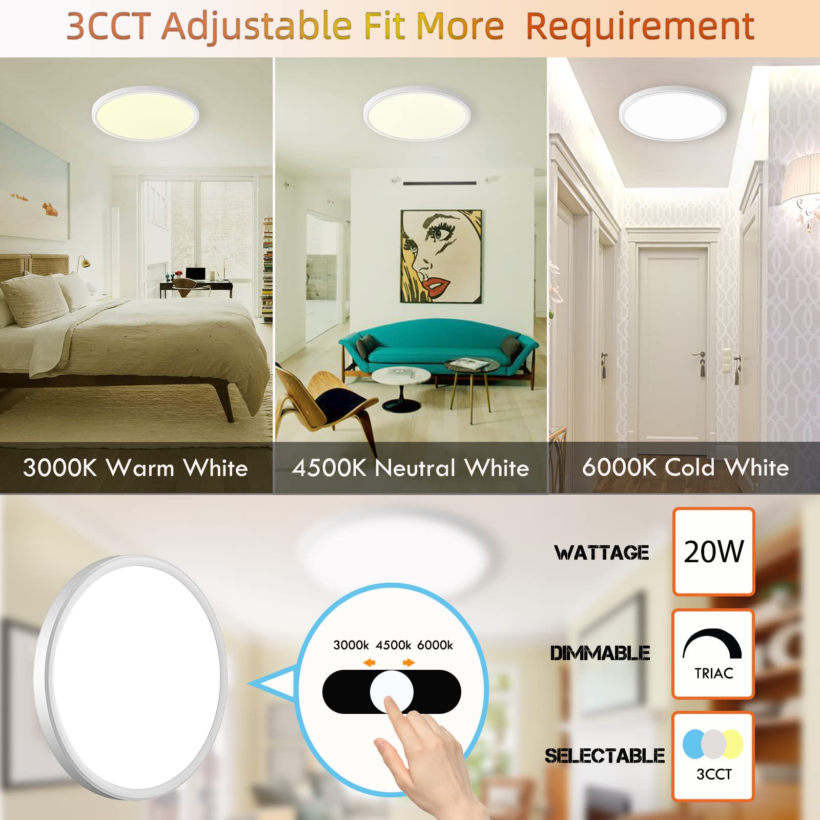 LZHOME LED Ceiling Light, 9 Inch Flush Mount, 2800LM, 3000K/4500K/6000K Dimmable, 6 Pack, White, Model