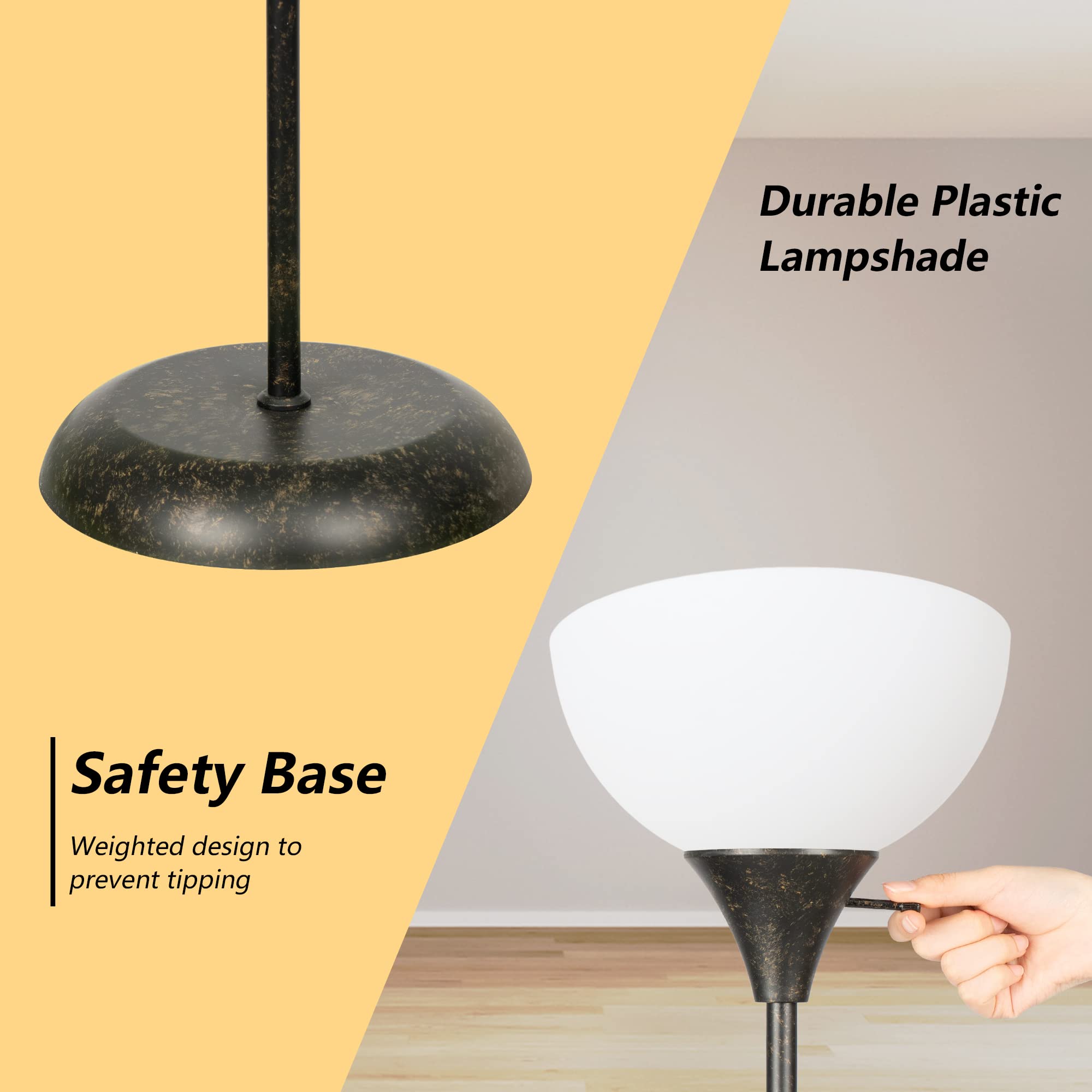 RISLG Industrial Floor Lamp - 3-Level Dimmable, Metal, 70.8in, Retro White Lampshade, Model RG005 for Living Room, Bedroom, Office