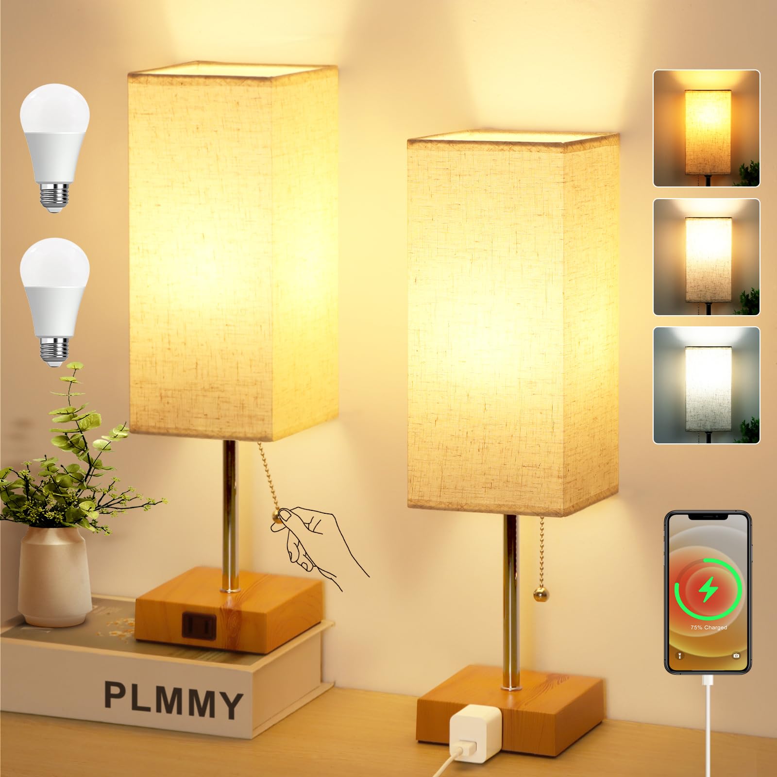Plmmy Bedside Table Lamp For Bedroom Nightstand, 3 Color Nightstand Lamps Set Of 2 With Ac Outlets, Square Pull Chain Bedside La