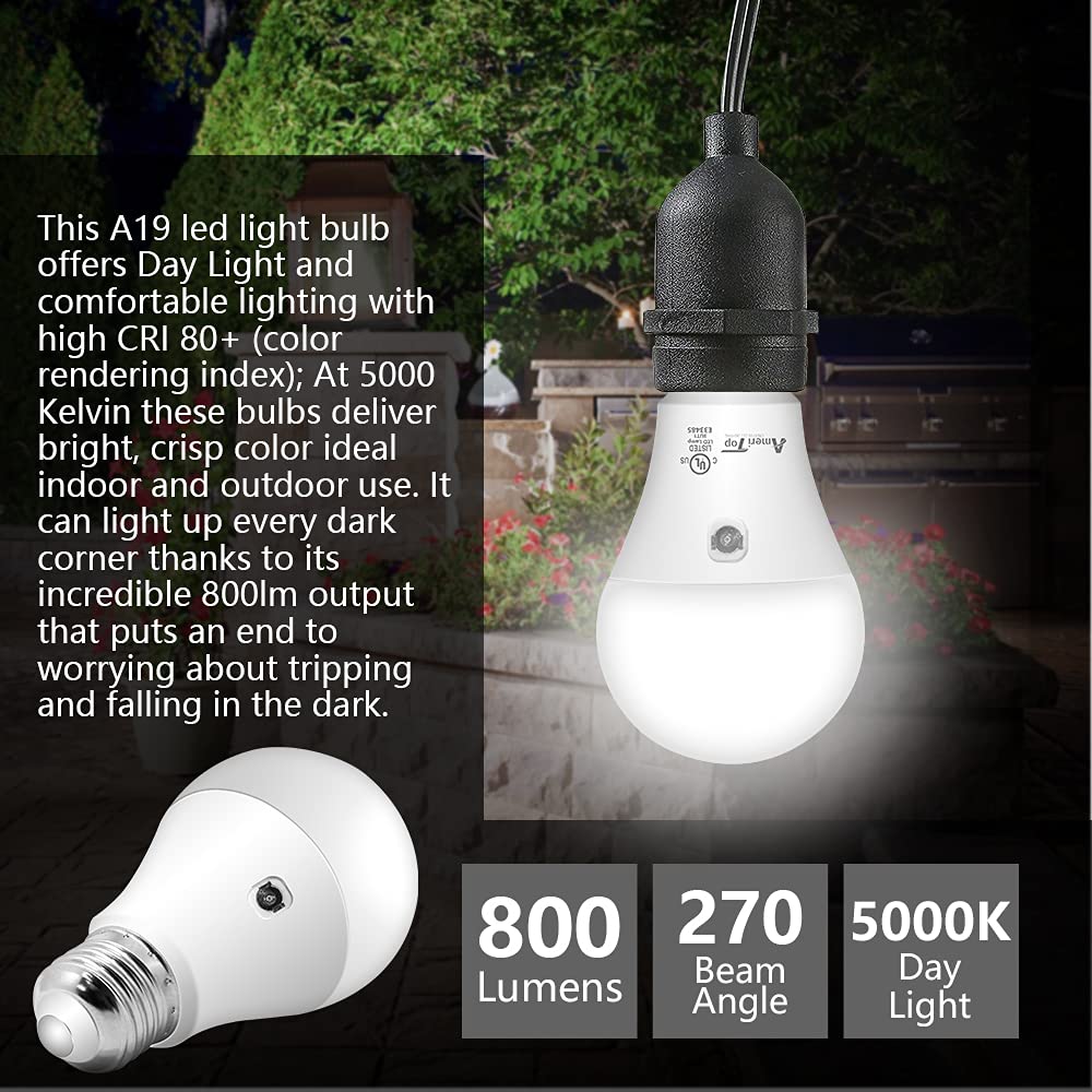 Ameritop Dusk To Dawn Light Bulb- 2 Pack, A19 Led Sensor Light Bulbs; Ul Listed, Automatic On/Off, 800 Lumen, 10W(60 Watt Equiva