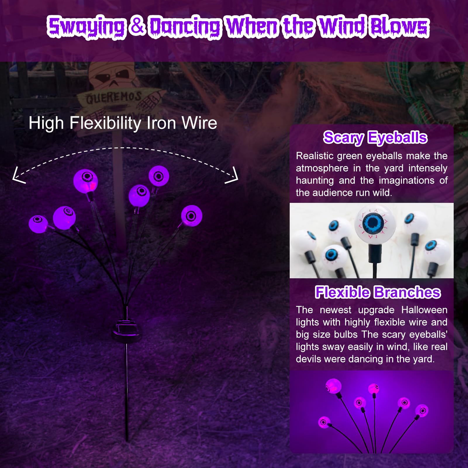 Aaovefox 12 Led Solar Halloween Eyeball Lights - Purple, Waterproof, 2 Pack Outdoor Decor