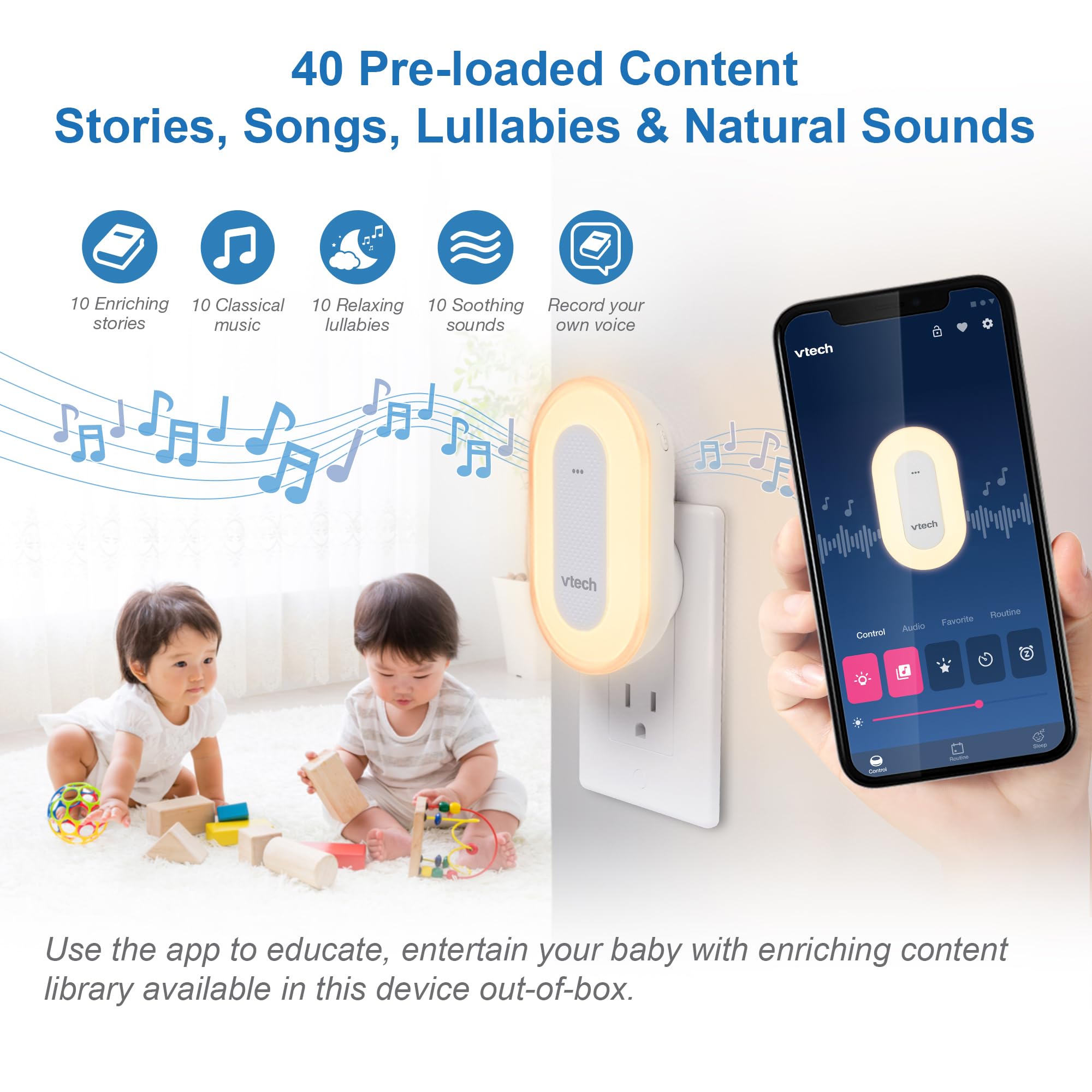 VTech BC8113 V-Hush Sleep Training Soother - Bluetooth Speaker, 40 Stories/Songs, Multi-Color Night Light, White