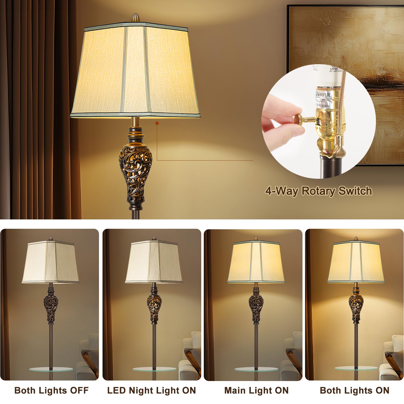 Rustic Floor Lamp For Living Room With Nightlight And Glass Tray, Vintage Standing Lamp With Beige Faux Silk Shade, Farmhouse Ta