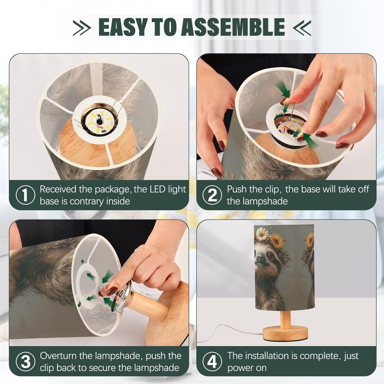 Goodold Cute Sloth Led Table Lamp - Modern Minimalist Bedside Lamp With Round Flaxen Fabric Shade For Nightstand, Perfect For Be