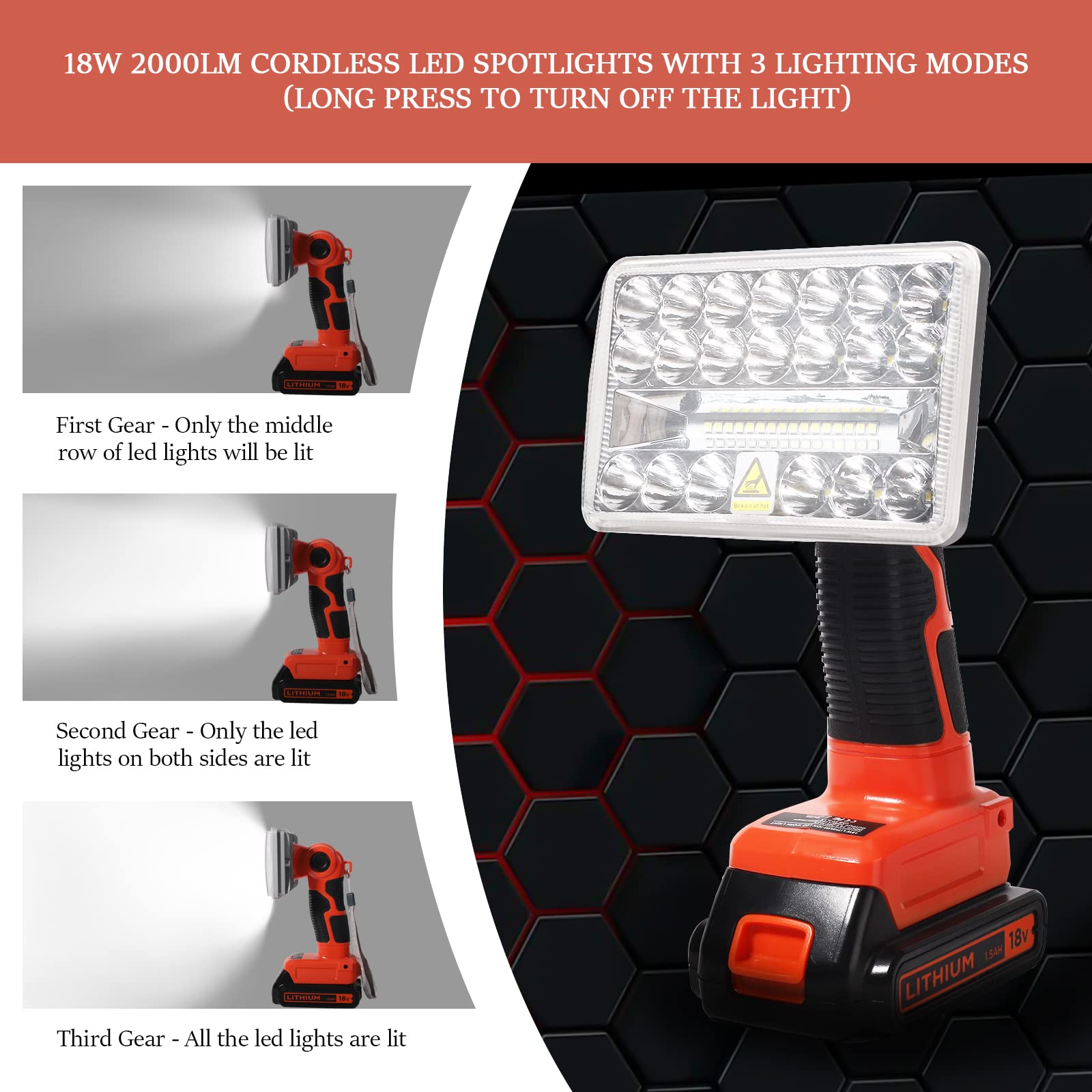 YEX-BUR 20V LED Work Light - 18W 2000LM Portable Spotlight, USB-A Port, Orange, Ideal for Camping, Car Repair, Garage Use