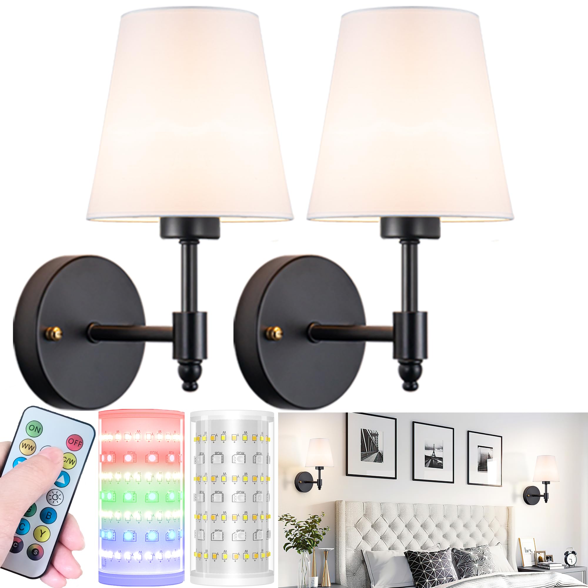 Nekhung Battery Operated Wall Sconces, Wireless RGB Rechargeable Bulb, Remote Control, One Size, Black