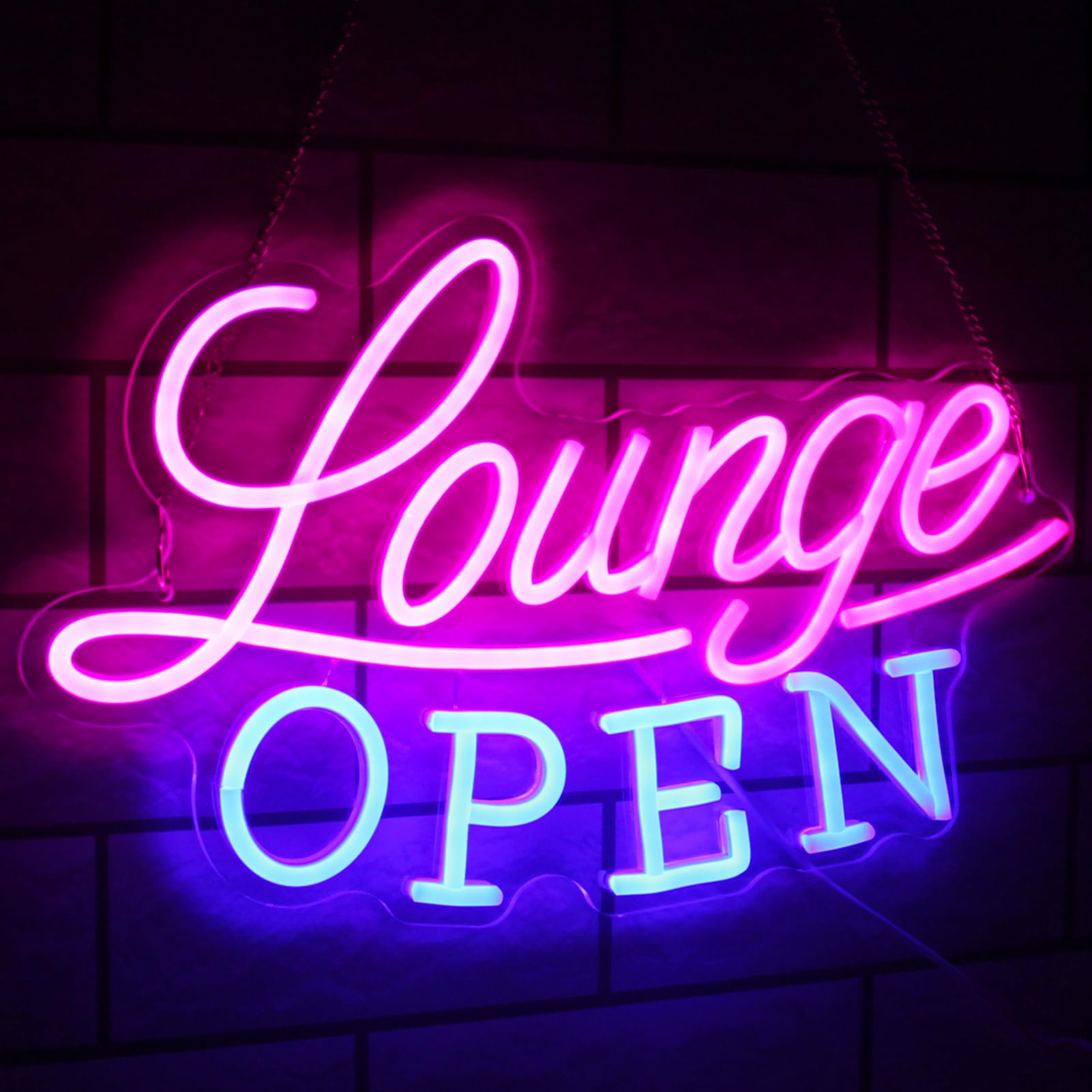 Kullneon Neon Sign - Lounge Open LED Light, Dimmable, Acrylic, 16.7inx10.4in, Pink Blue, Model YL-Lounge for Bar, Night Club,