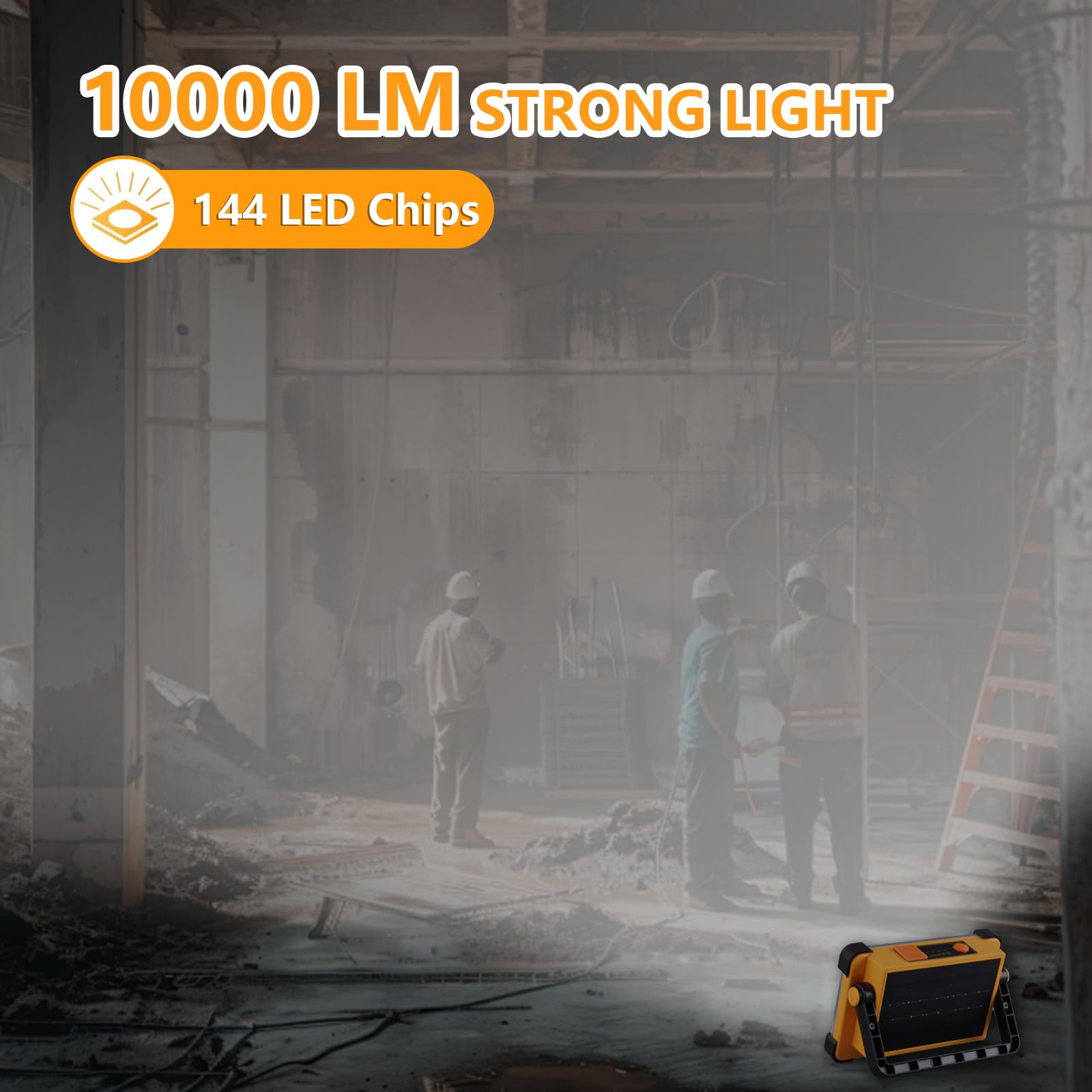 120W Solar Rechargeable Work Light, 144 Led 10000Lm Portable Flood Light With Stand, Ip66 Waterproof Power Bank 4 Modes Led Job