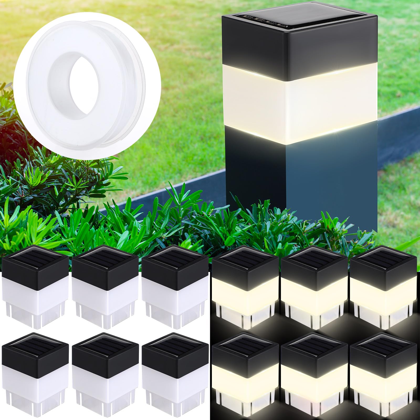 Hicarer Solar Fence Post Cap Lights, 12 Pack, 2x2 in, Warm Yellow Light, Plastic, Model ZHW-Hicarer-0674
