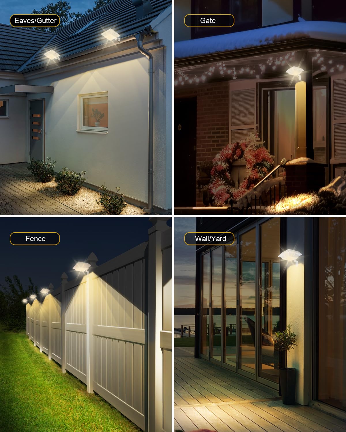FALOVE 8 Pack Solar Powered Gutter Lights, Warm White, Waterproof 12 LEDs for Outdoor Use, No Drilling Installation, Model FA0416W