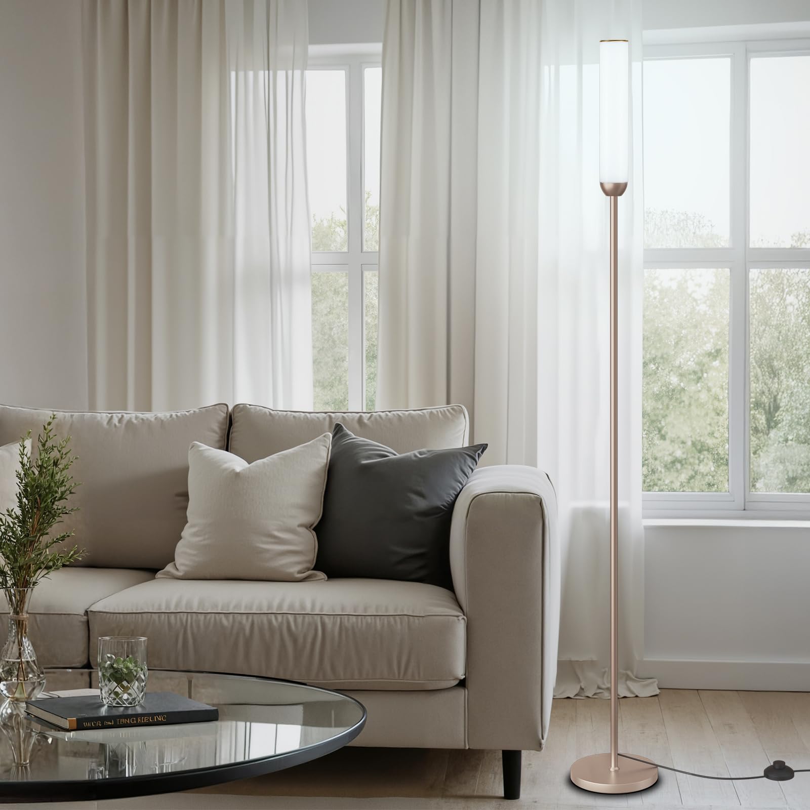 Ambimall LED Floor Lamp with Remote Control, 65in Metal, 3000K-6500K, 5%-100% Brightness, Champagne Gold, Model RPT-ZGLED