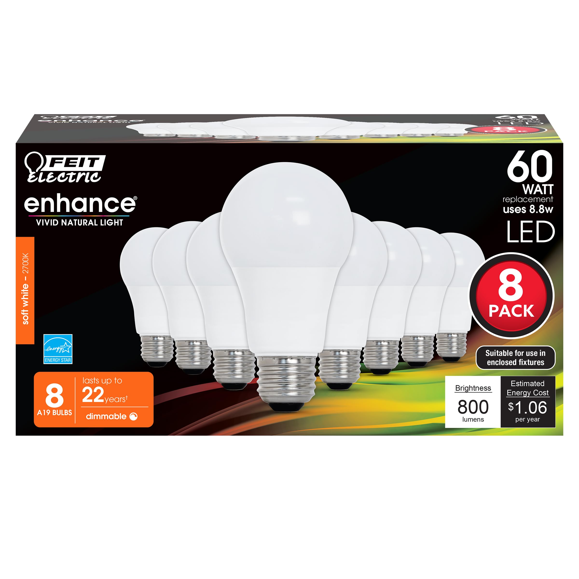 Feit Electric A19 LED Light Bulbs, 60W Equivalent, Dimmable, E26 Standard Base, 90 CRI, 800 Lumens, 2700K Soft White, 120V, 22 Years Lifetime, Damp Rated, 8 Pack, OM60DM/927CA/8