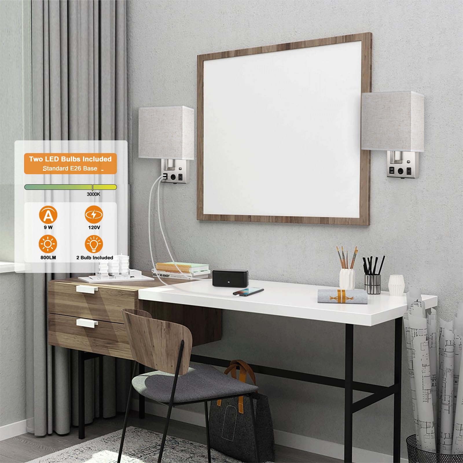 Caduke Wall Lamp Set Of 2, Plug-In With Usb Ports, Brushed Nickel, E26 Led Bulb Included, Modern Sconces For Bedroom & Living Room