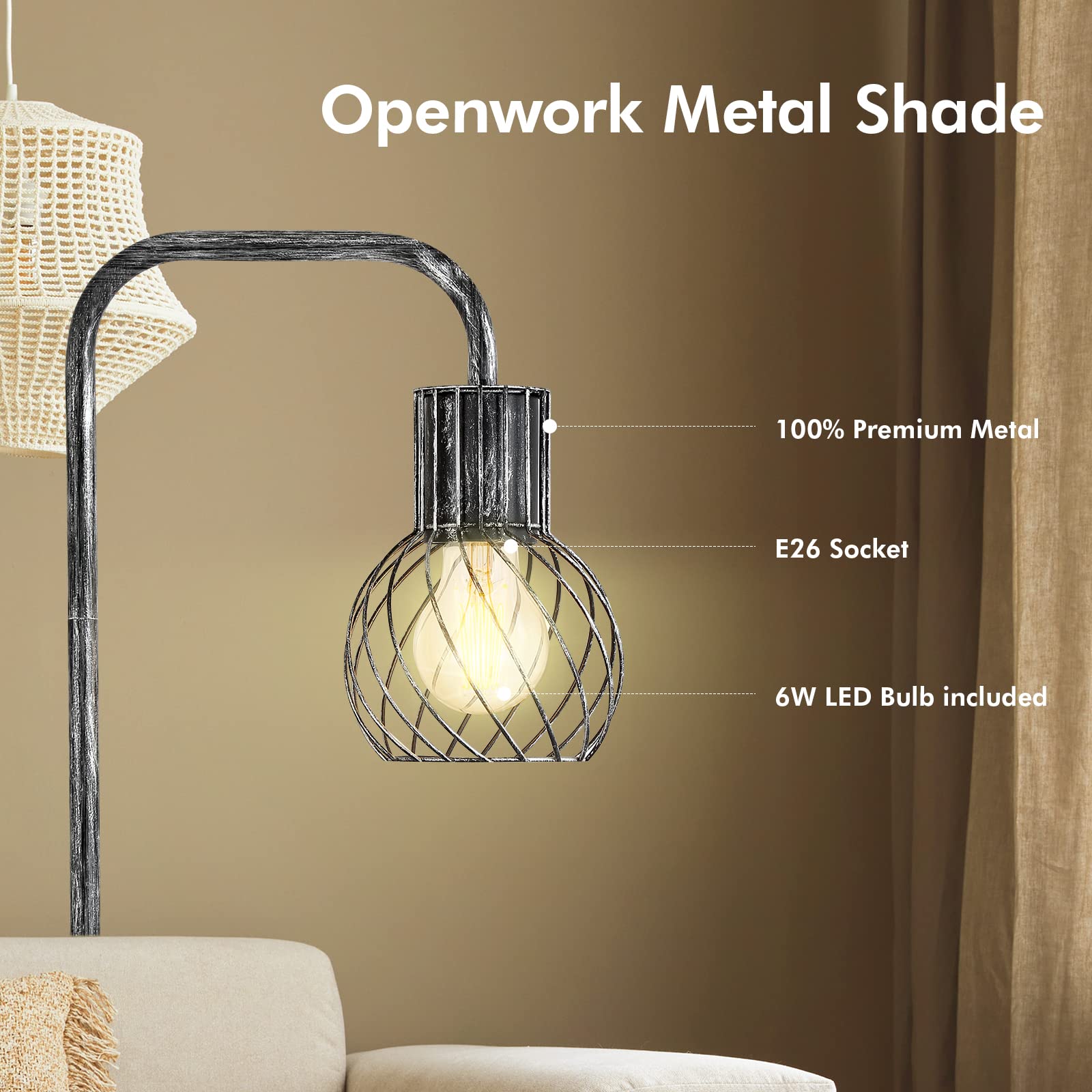 Industrial Floor Lamp, Antique Silver Standing Lamp Modern With 6W Led Bulb, Foot Switch, Metal Tall Lamps For Living Room, Bedr