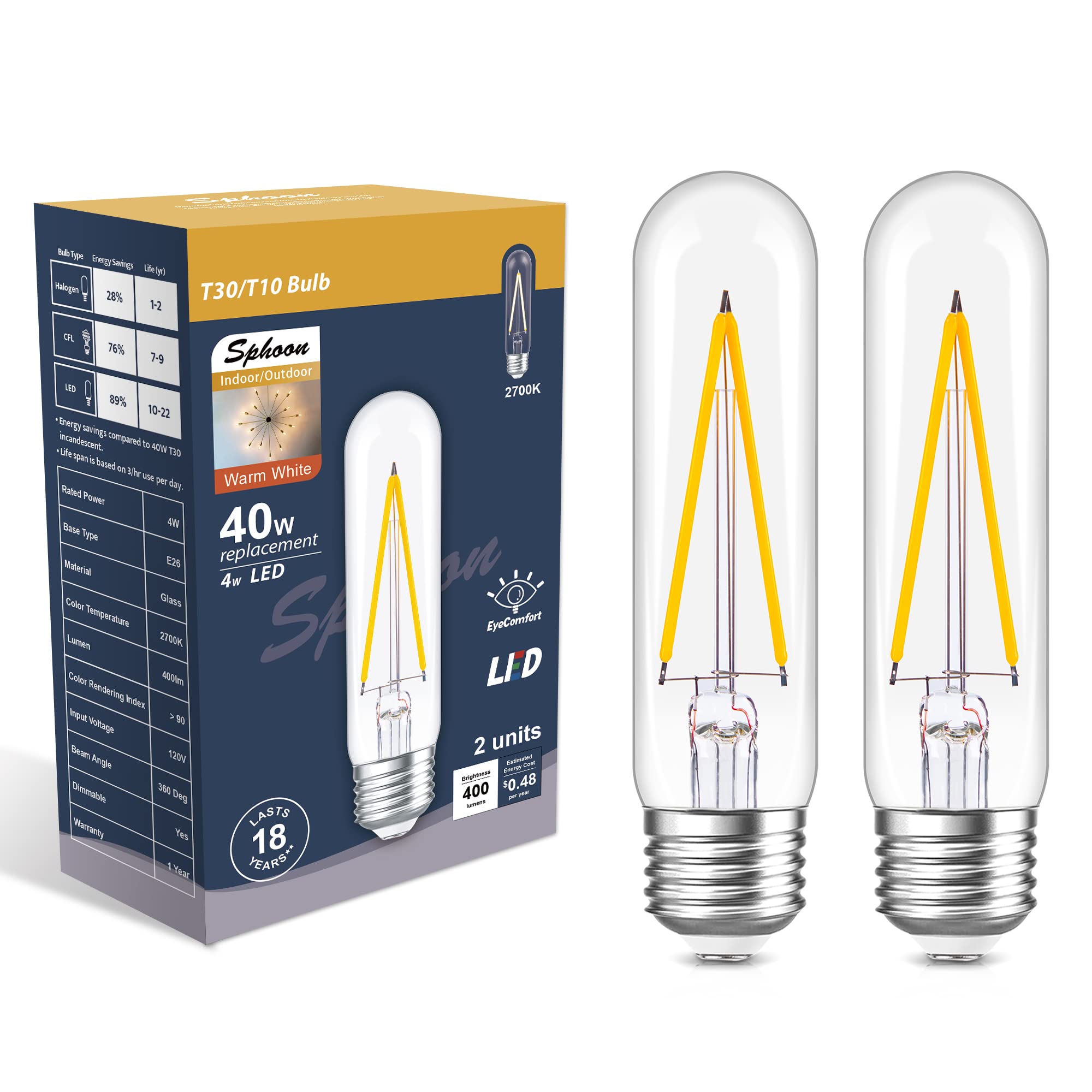 Sphoon Dimmable Tubular Led Bulb E26 Light Bulb,T10 T30 Vintage Bulbs, 40 Watt Equal 4W, 2700K Warm White Light Edison Lights Bu