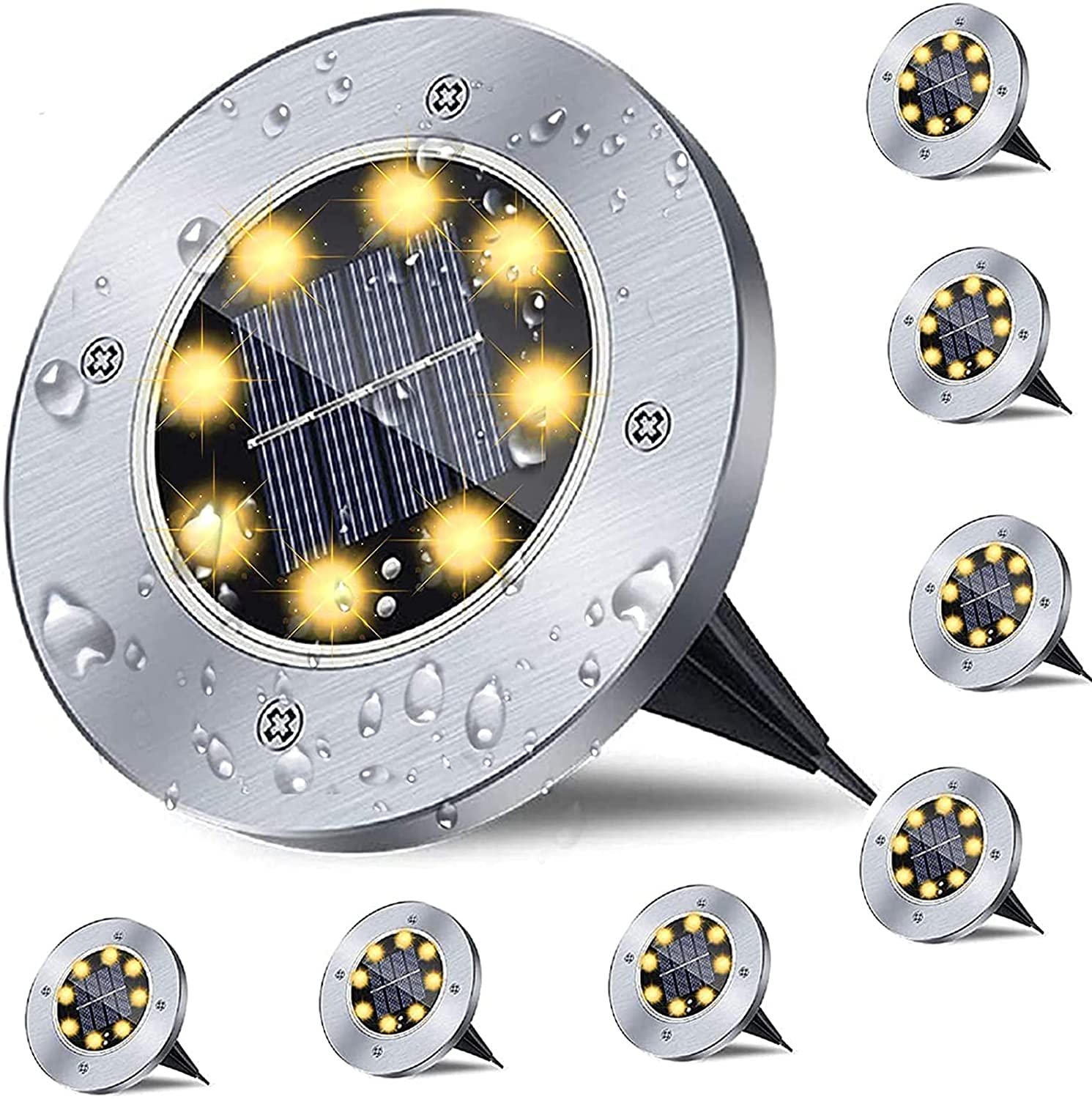 Rayolon Solar Ground Lights - Waterproof Stainless Steel Landscape Lighting, 8 Pack, Warm Light For Pathway, Yard, Deck, Lawn, Patio
