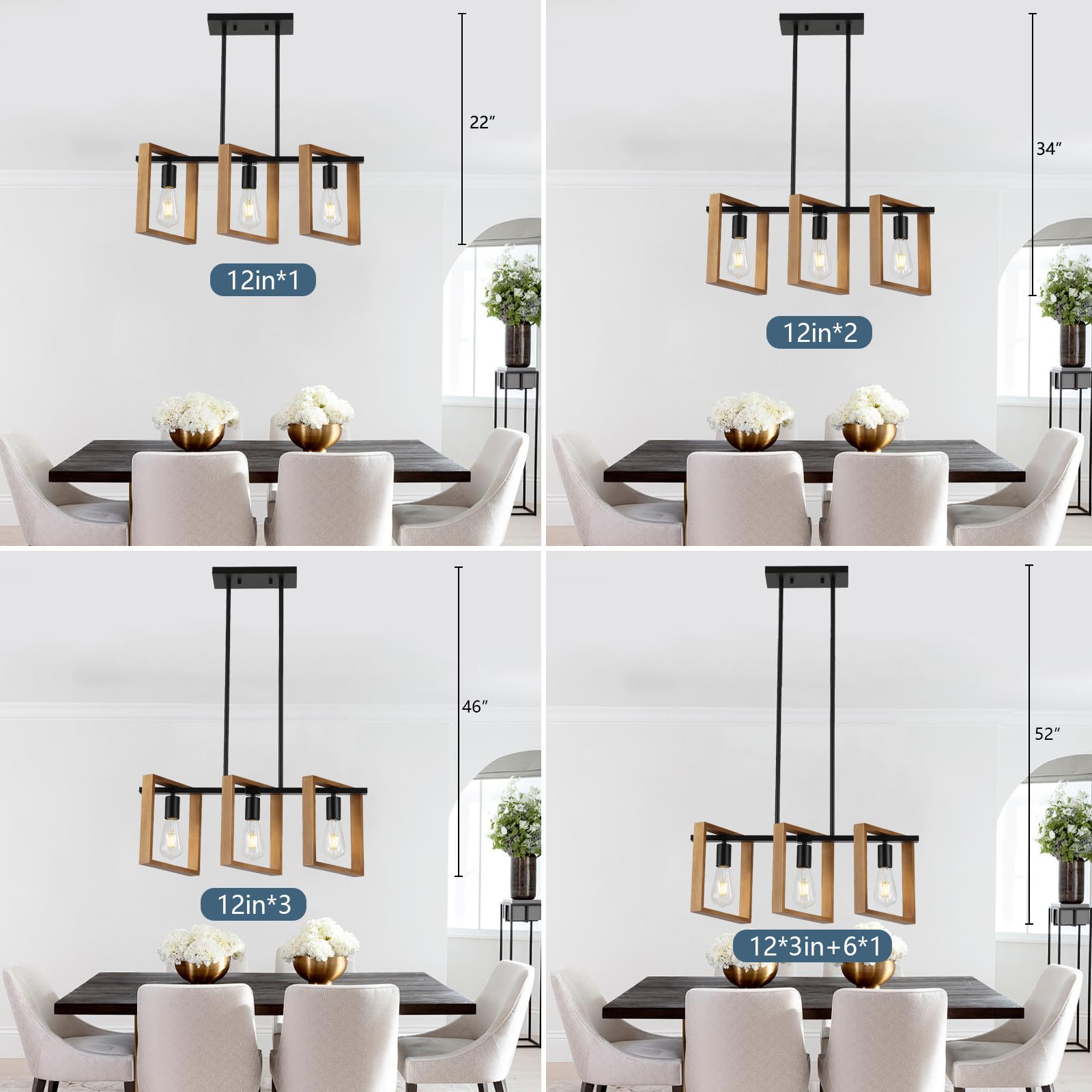 9Mmml 3 Lights Kitchen Island Lighting, Black 3 Lights Dining Room Chandelier,Wood Frame Pendant Light For Living Room Foyer Ent