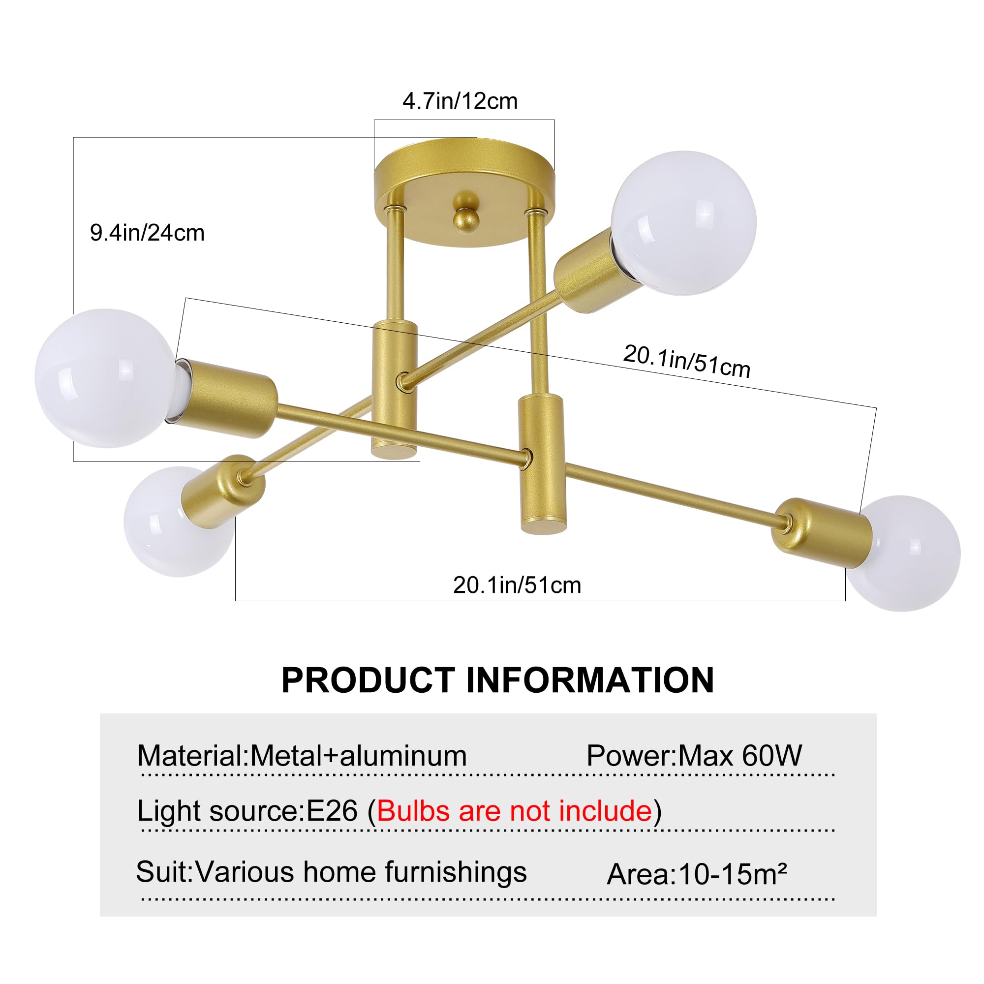 Garwarm 4-Light Sputnik Ceiling Light Modern Semi Flush Mount Ceiling Light Fixture Mid Century Gold Sputnik Chandelier For Kitc