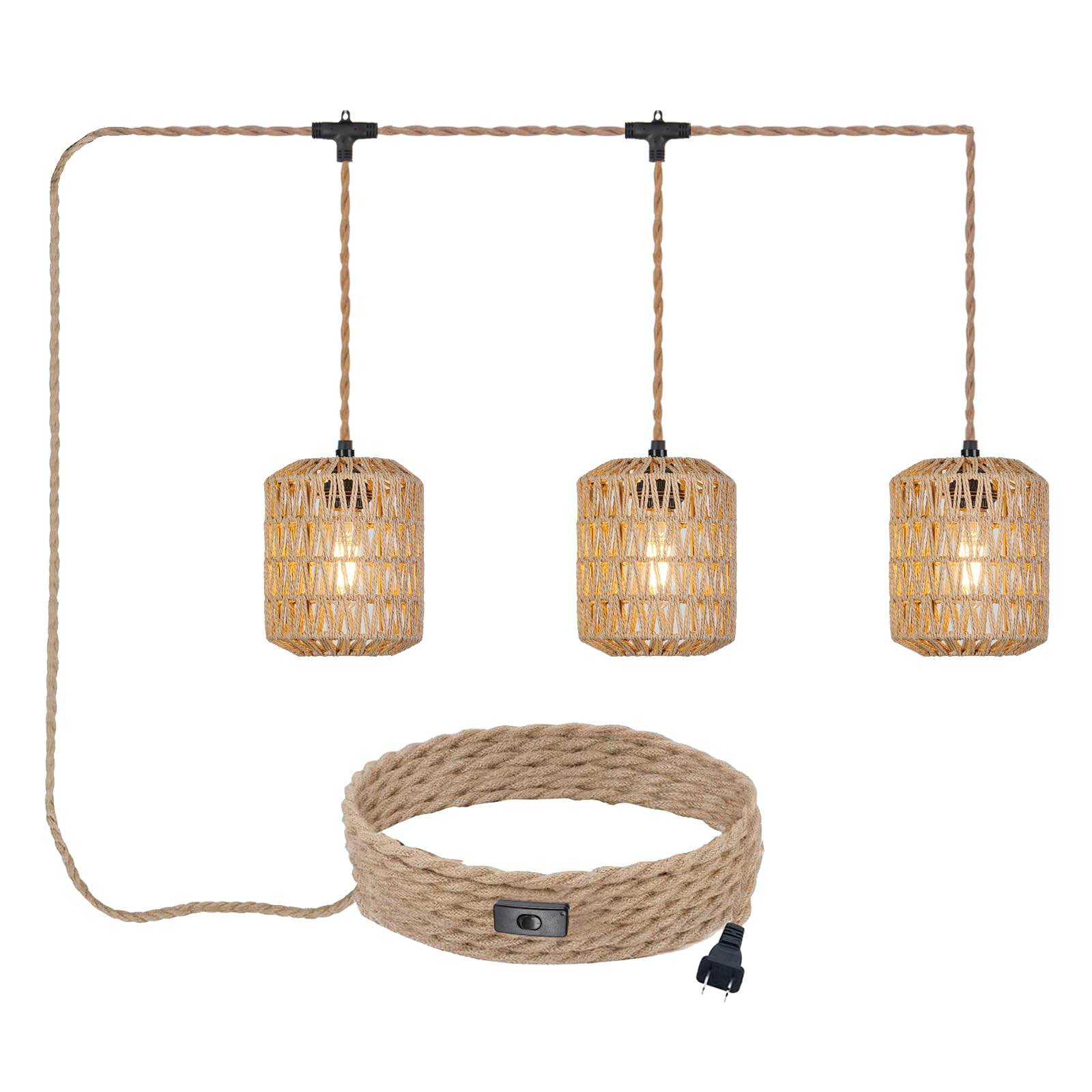 Alaislyc Rattan Plug-In Pendant Light With 3 Lights & On/Off Switch - Boho Wicker Chandelier