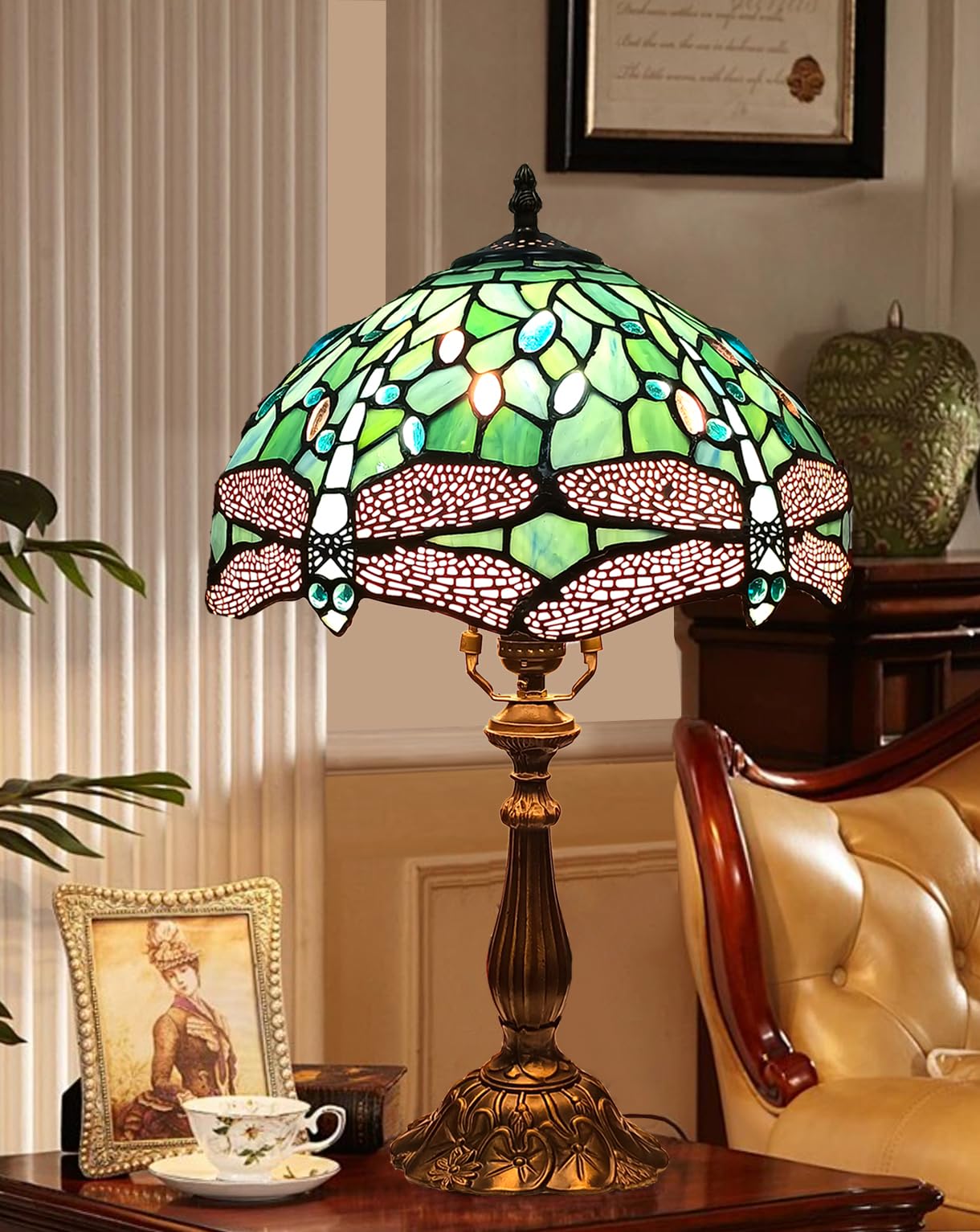 Tiffany Table Lamp,Sea Blue Dragonfly Style Stained Glass Lamp,12X12X20 Inch Decor Bedroom,Living Room Reading Tiffany Lamp,Incl