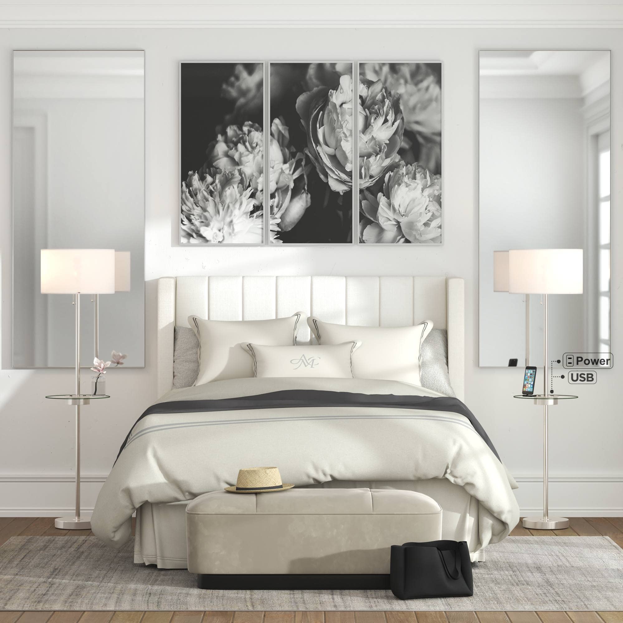 360 Lighting Caper Modern Floor Lamps 60.5'' Tall Set of 2 with Tray Table USB and AC Power Outlet Brushed Nickel White Fabric D