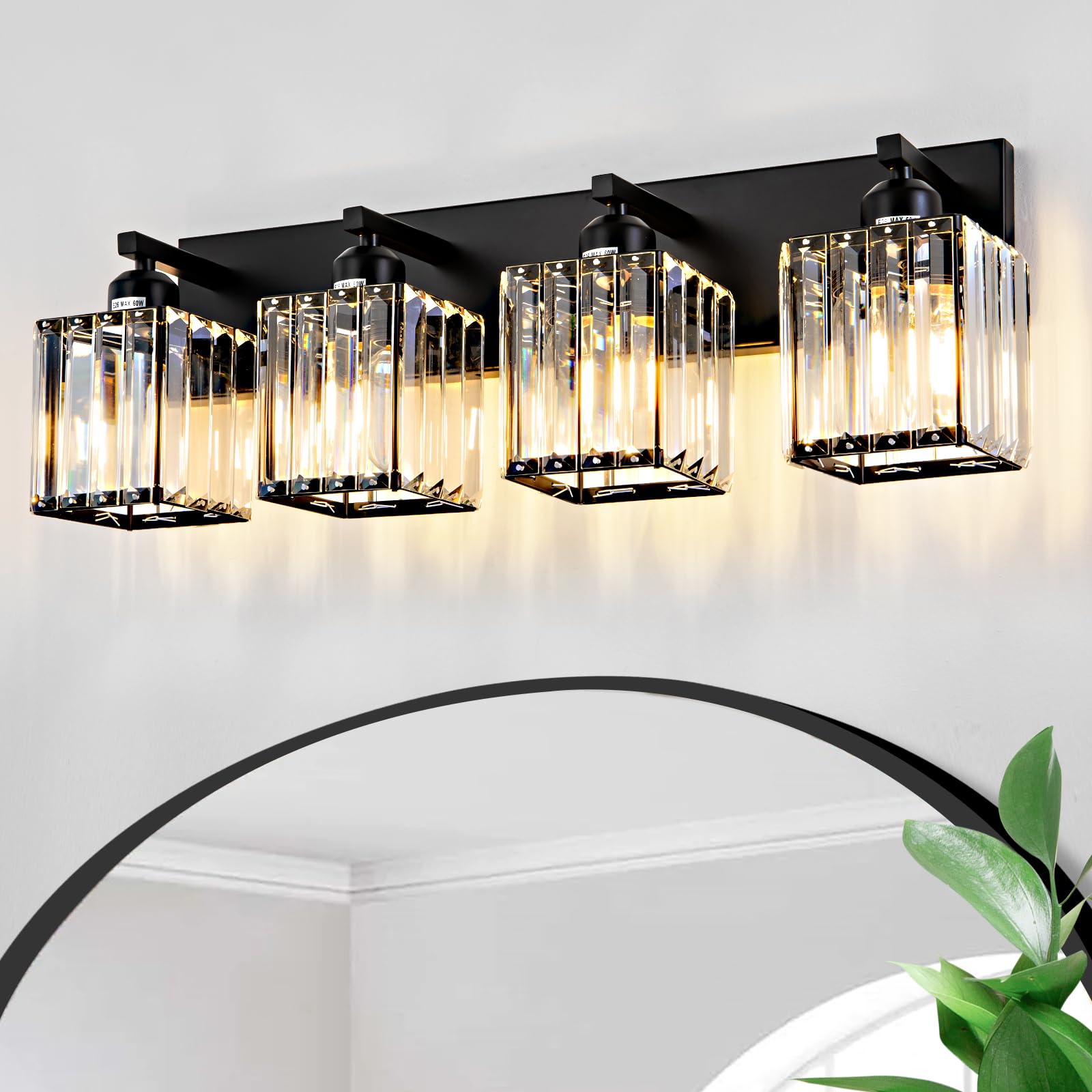 Aixialin 4-Light Modern Crystal Bathroom Vanity Light Black Metal Wall Fixture Model 600-100-1013