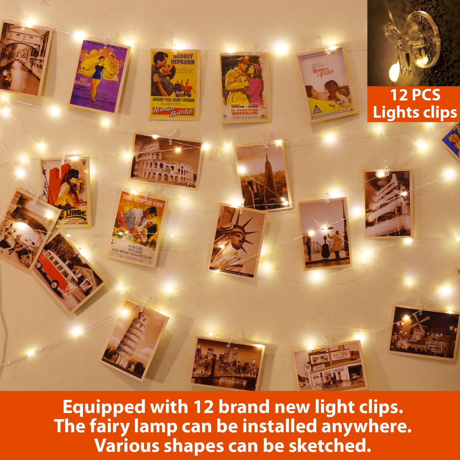 HXWEIYE 120LEDs Photo Clips String Light, Warm White 40Ft Fairy Light with 52 Clear Clips & 12 Hooks on Wall, Timer & 8 Modes US