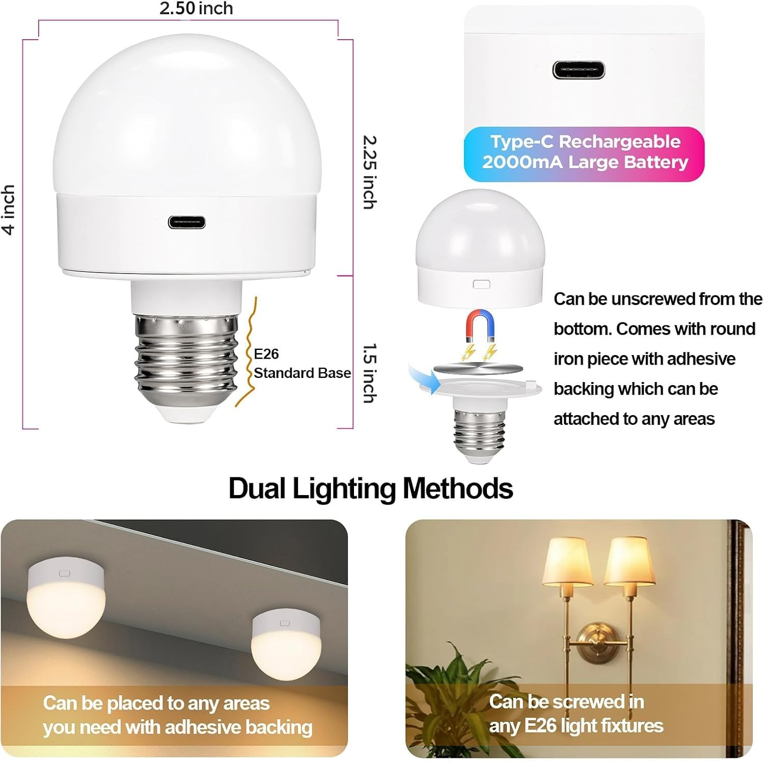 Rechargeable Battery Operated Light Bulb With Remote Control 2 Packs, 350Lm Dimmable Detachable Led Bulb With 15 Colors Selectable & 3 Timer, Wireless Puck Light Bulb For Wall Sconce, Non-Hardwired