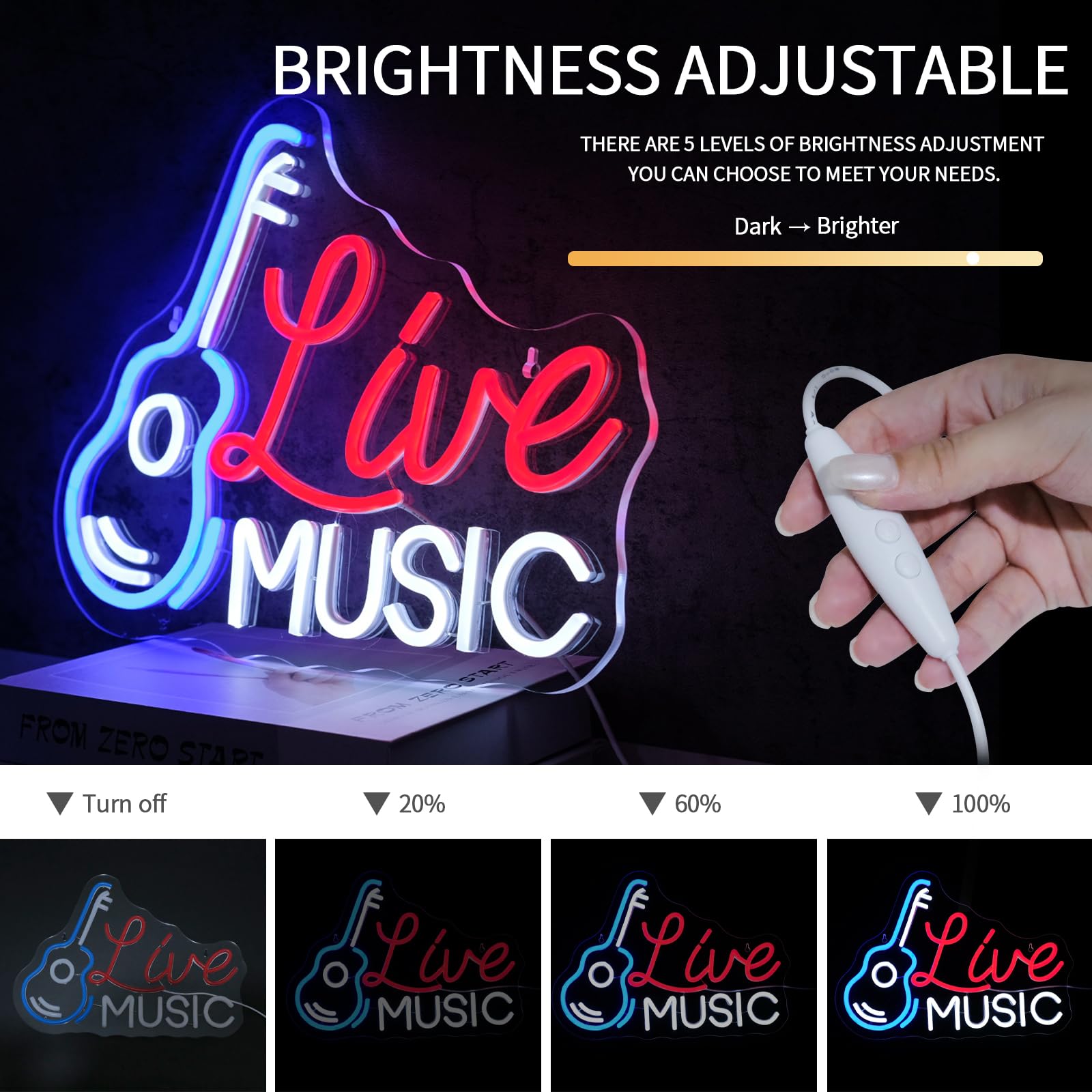Virlusy Live Music Neon Sign - Dimmable LED Wall Decor, Acrylic, Red Blue White, Model YL-Live Music, Ideal for Studio, Bar, Party