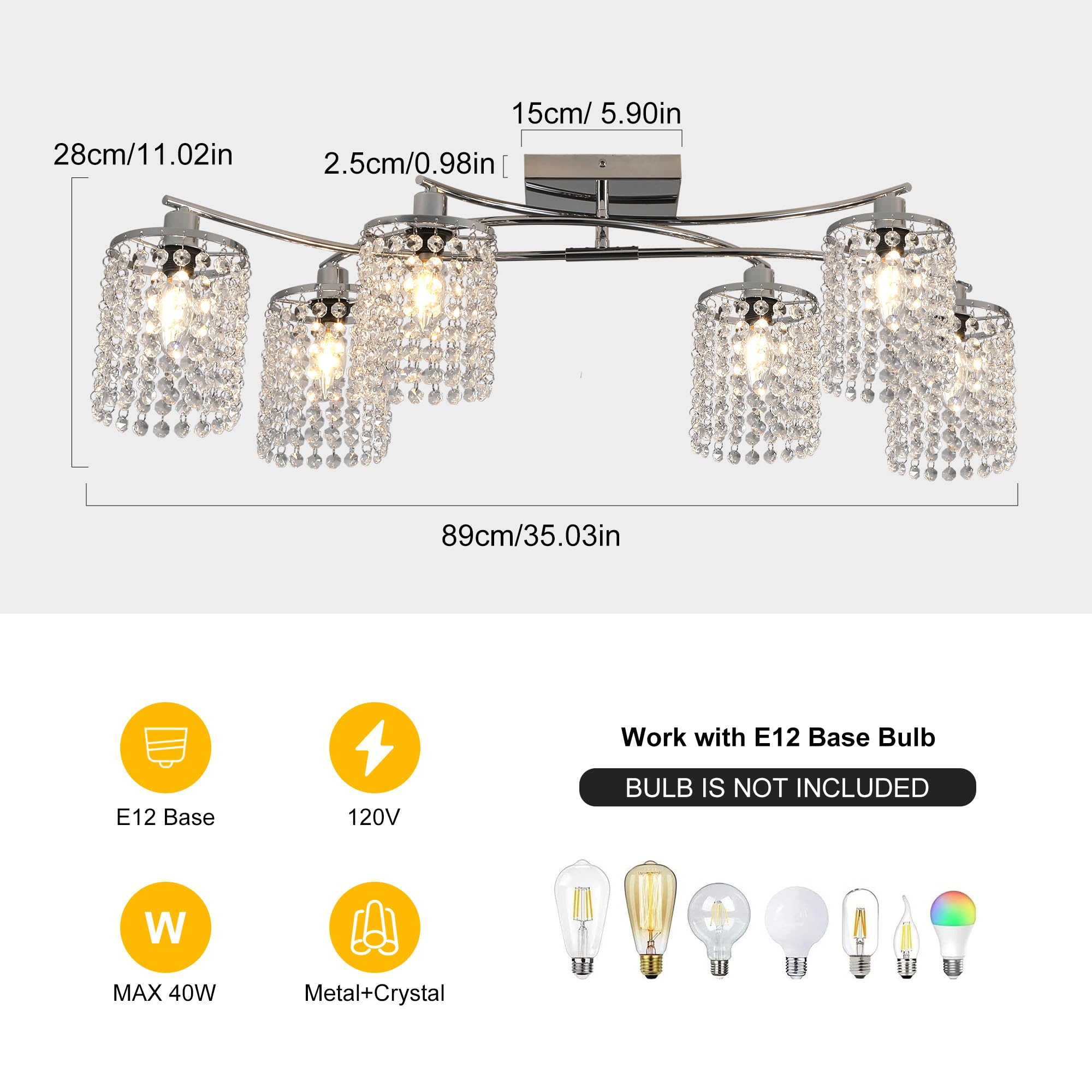 Garwarm 35'' Semi Flush Mount Ceiling Light, 6 Lights Modern Crystal Chandeliers, Dining Room Light Fixture Kitchen Lighting Fix