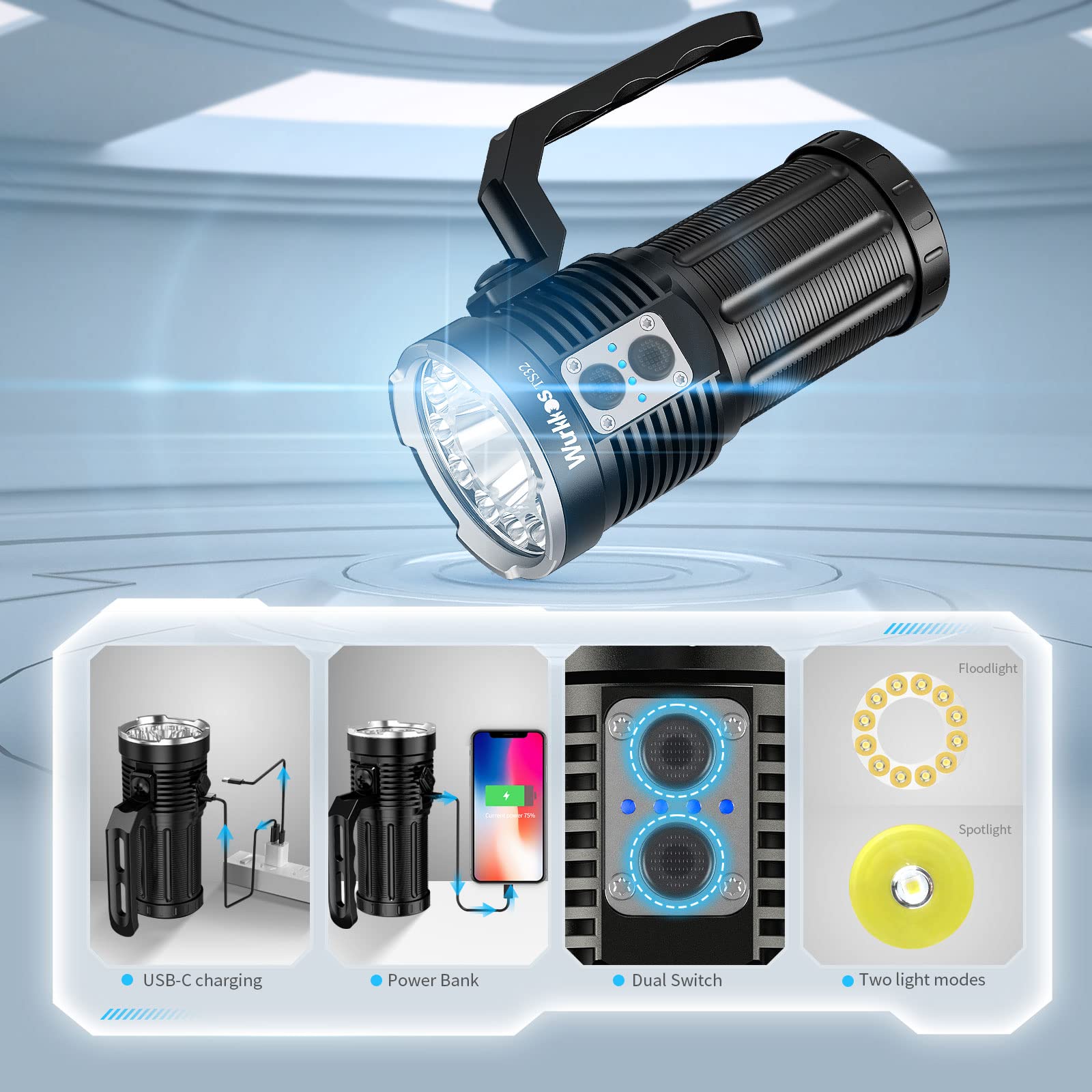 Wurkkos TS32 Rechargeable LED Flashlight - 13000 Lumens, IP68 Waterproof, Dual Switch, Model TS32-519A