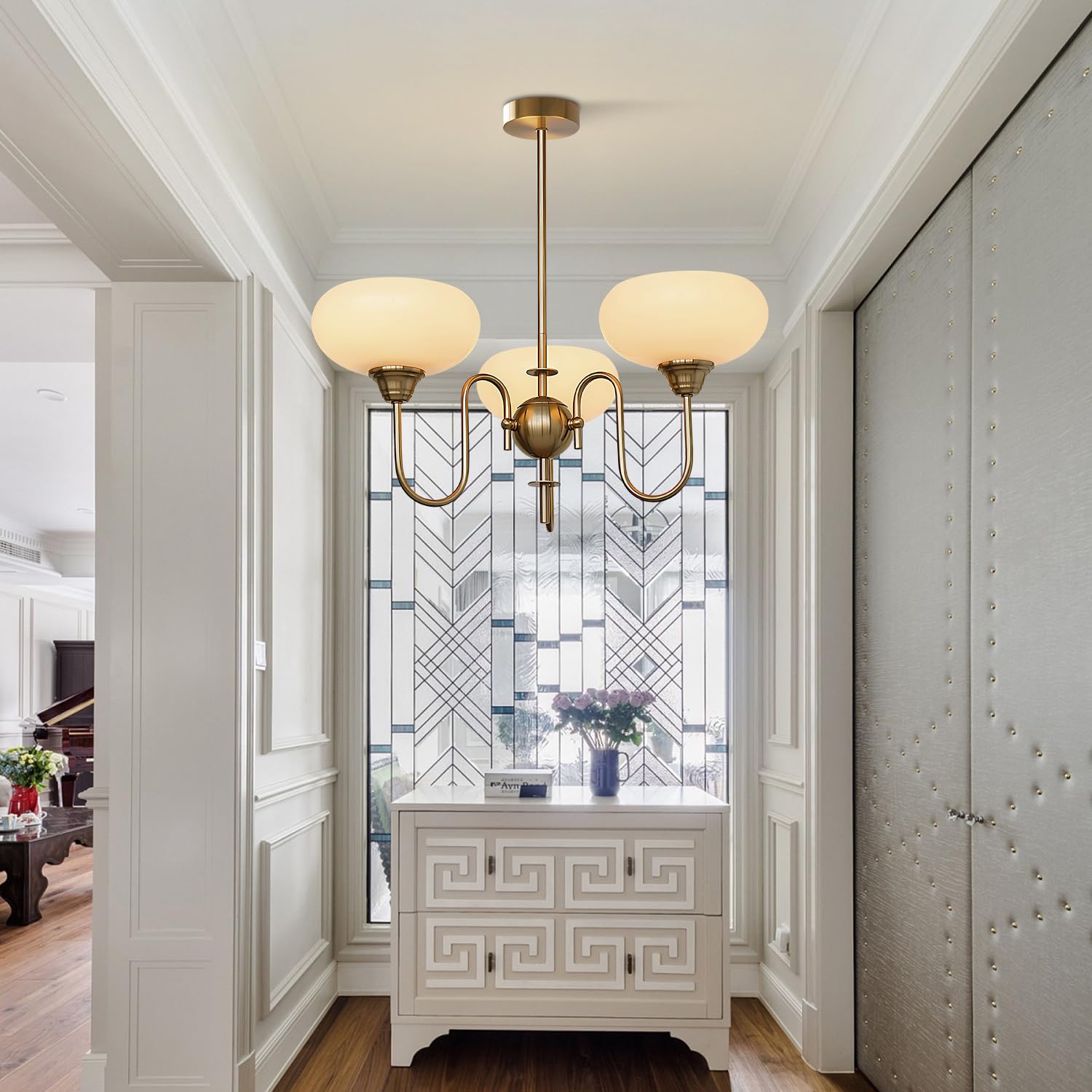BOKT Modern Gold Globe Chandelier - Mid Century 3-Light Pendant Light, Anti Brass Finish, Model BP1108-3