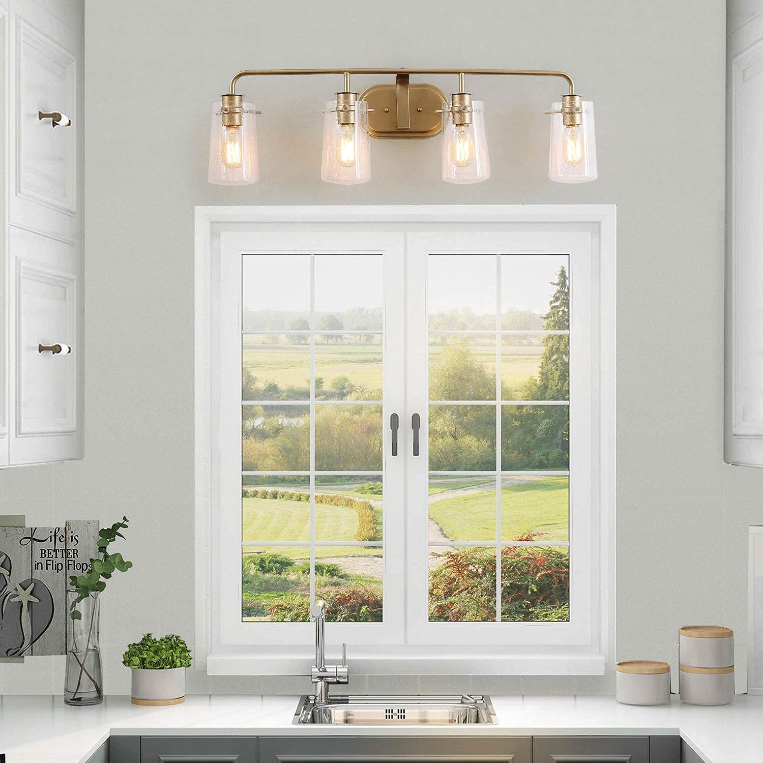 KSANA Bathroom Vanity Light 4-Light Modern Gold Fixtures with Seeded Glass Shade, 31in  Soft Gold Finish