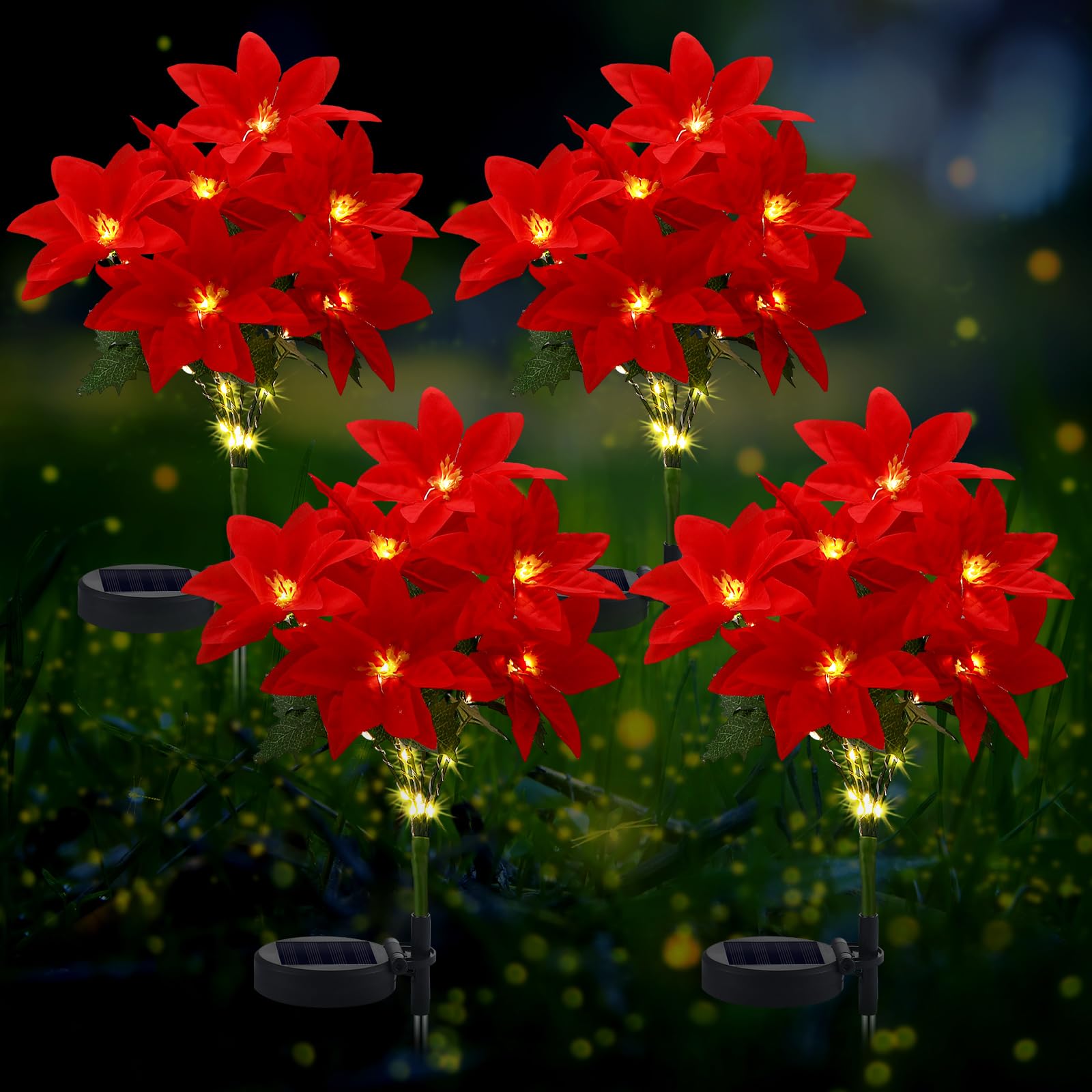 Vihose Christmas Solar Flowers Lights Artificial Poinsettia Flower Landscape Waterproof Solar Poinsettia Lights For Outdoor Hous