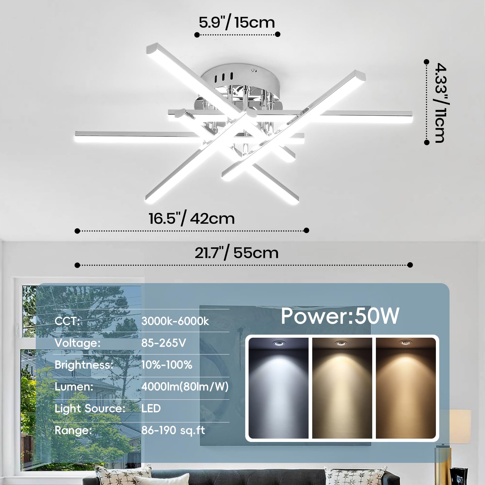 Caneoe Modern Led Ceiling Light,50W Sputnik Led Dimmable Ceiling Light Fixture With Remote Control, Chrome Flush Mount Chandelie