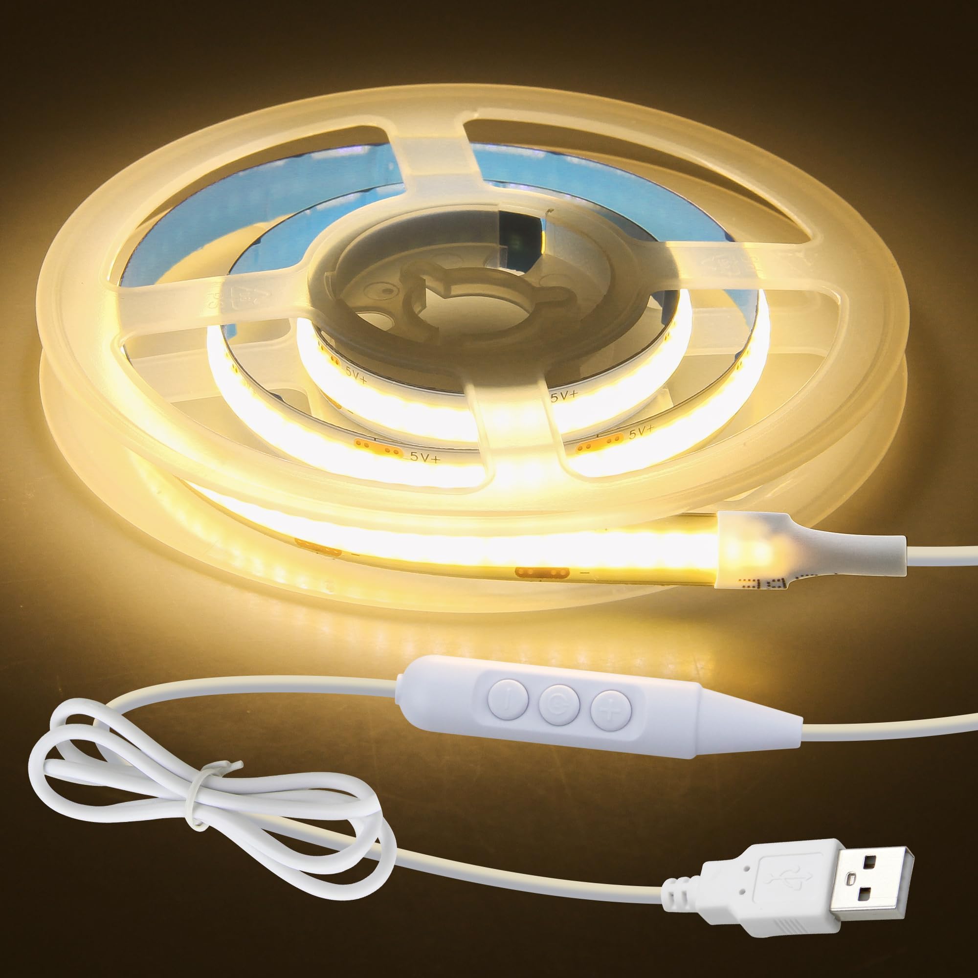 Aclorol Dc 5V Usb Cob Led Strip Light 1.64Ft/0.5M Dimmable Led Strip Light 3000K Warm White With 1.5M Long Power Cable Flexible For Bedroom Bedframe Headboard Kitchen Home Diy Lighting 320Leds/M